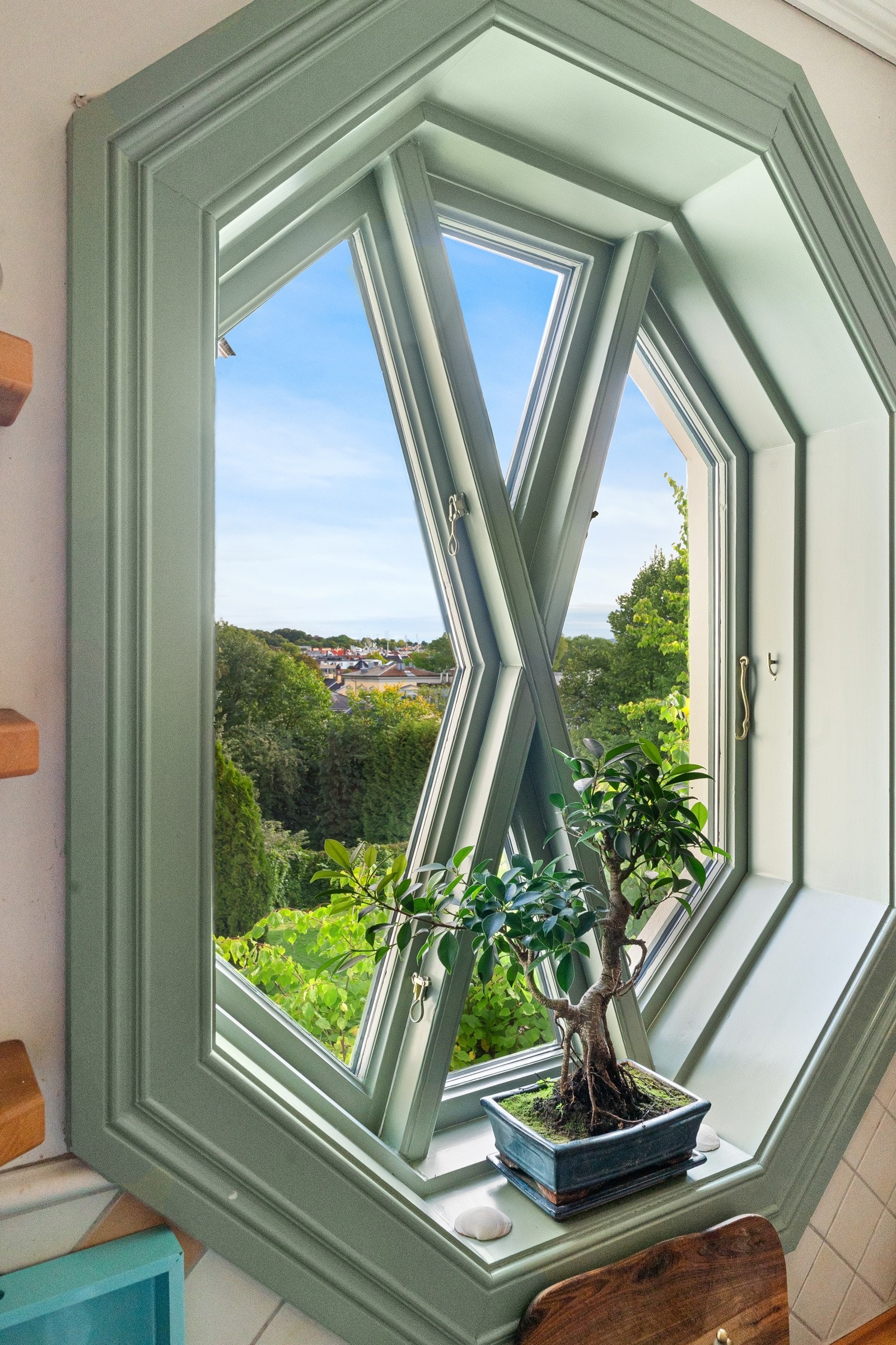 Nydelig utsikt over byen og hagen foran huset. Galleribilde