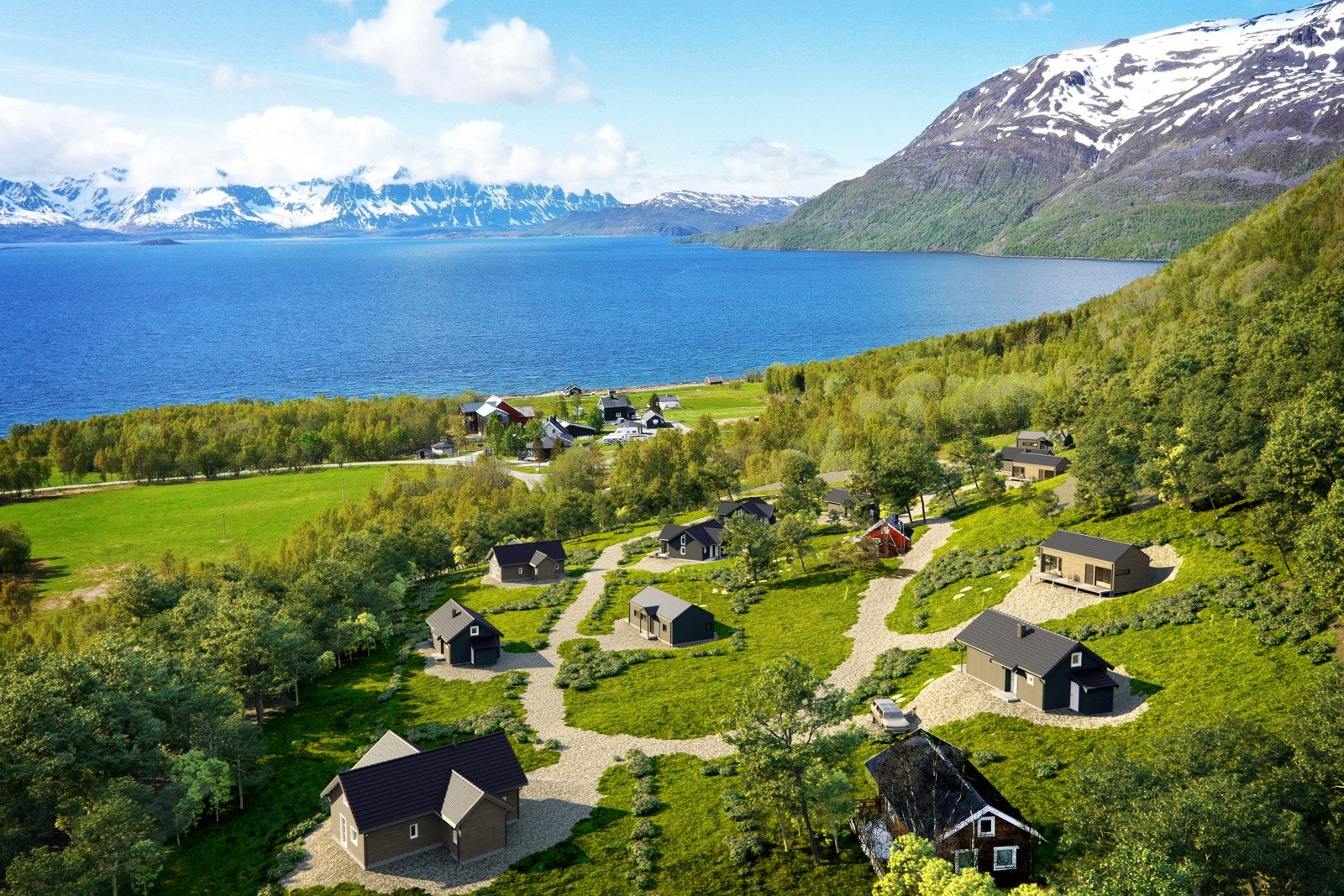 Fotomontasje av feltet med hyttemodeller fra Systemhus Galleribilde