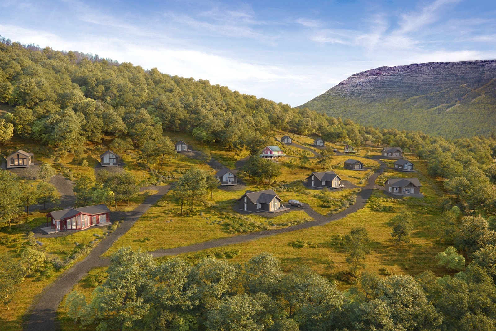 Fotomontasje av feltet med hyttemodeller fra Systemhus Galleribilde