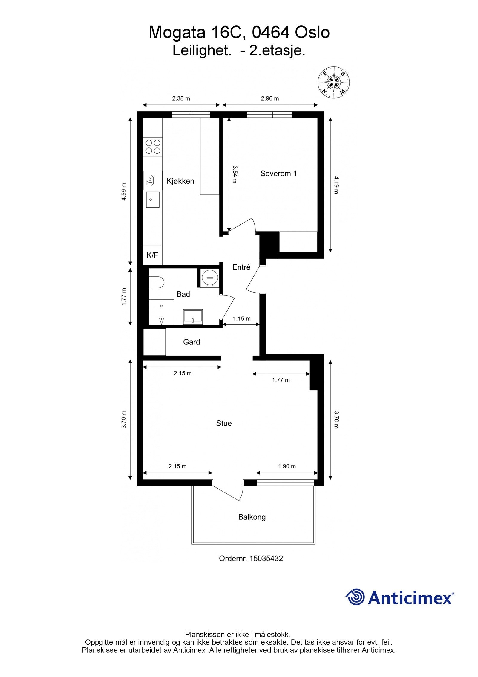 Plantegning. I tillegg disponerer leiligheten tre kjellerboder på henholdsvis ca. 3m², ca. 2m² og ca. 1,5m². Galleribilde