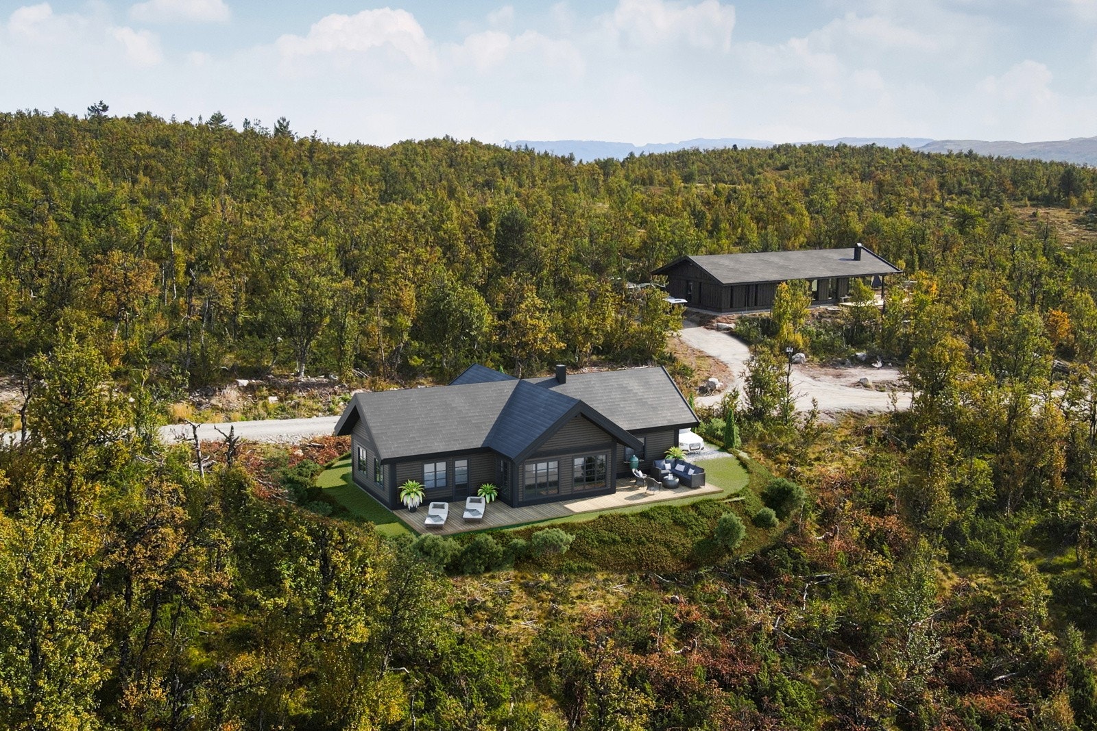 Illustrasjon av oppført hytte på en av tomtene (hytta er solgt). Galleribilde