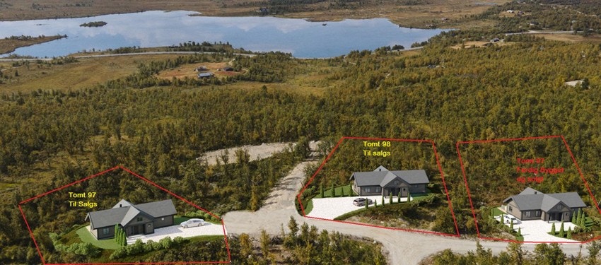 Illustrasjon med påtegnet hyttemodell for tomtene som er til salgs. Galleribilde