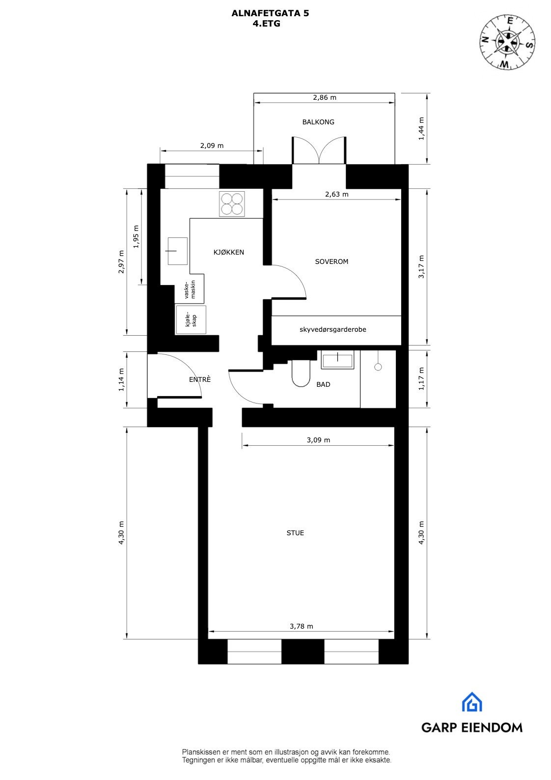 Plantegning. Leiligheten disponerer en kjellerbod på 2,3 kvm og loftsbod på 1,6 kvm. Galleribilde