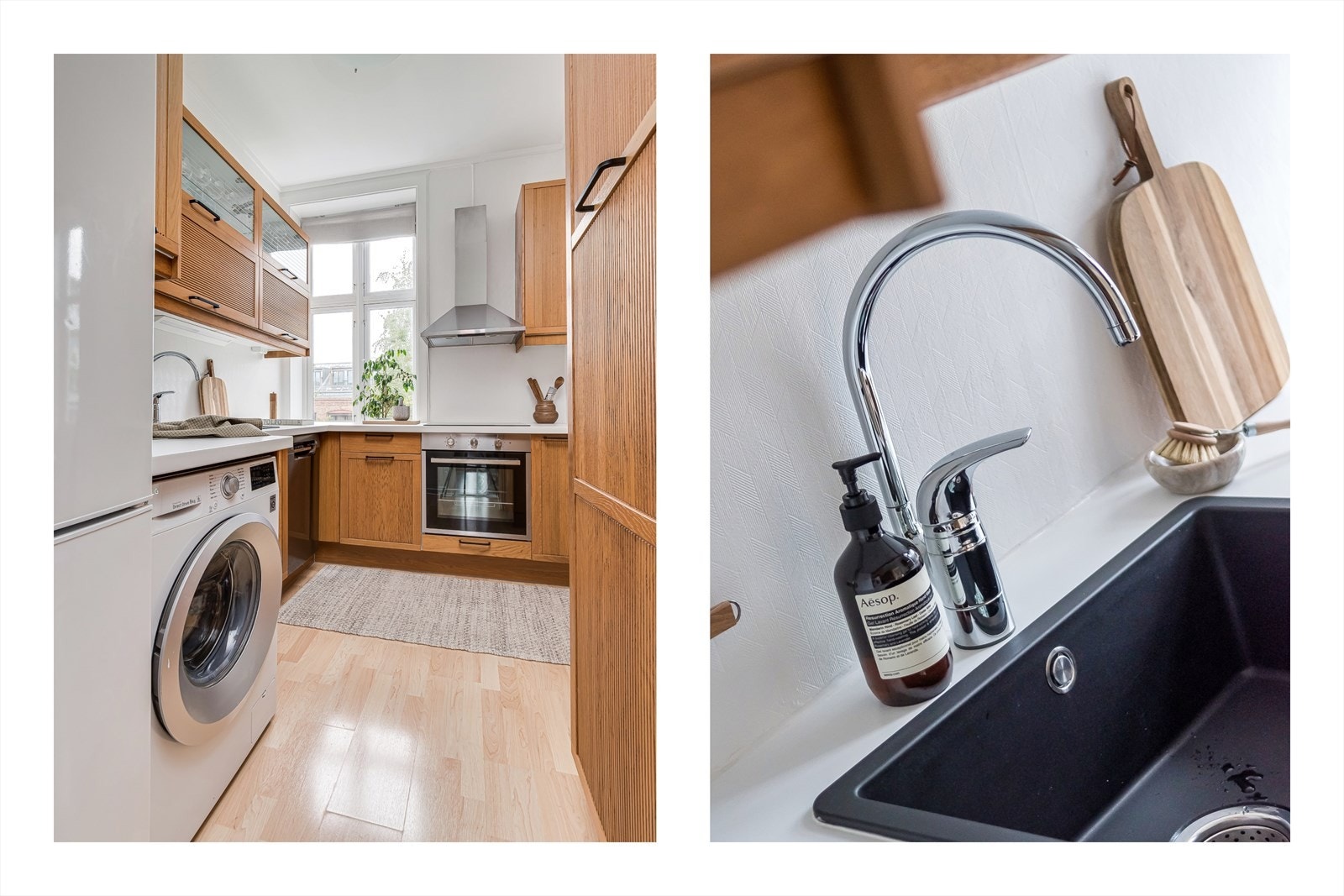 Stekeovn og platetopp er integrert i innredningen, samt opplegg for oppvaskmaskin og vaskemaskin. Galleribilde