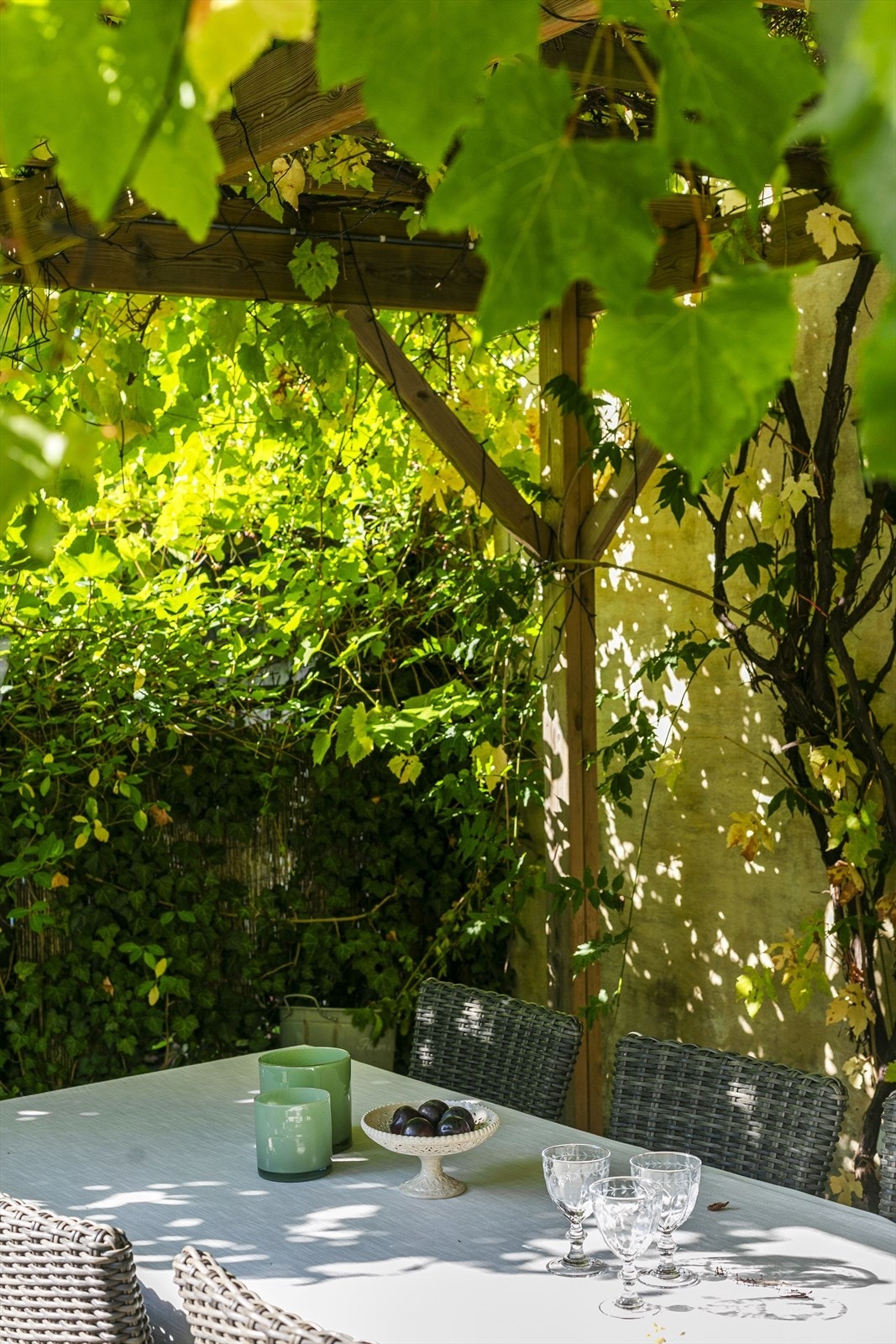 Bakhagen er svært frodig og idyllisk. Her er det brostein, "brønn", utekjøkken, bod og pergola med vindruer - utrolig sjarmerende. Galleribilde
