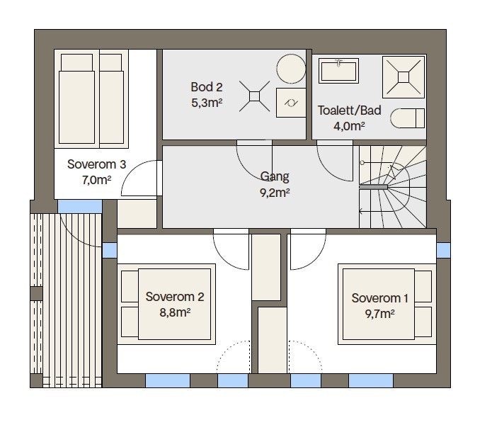 Sokkeletasje med enda en uteplass på bakkeplan. Galleribilde