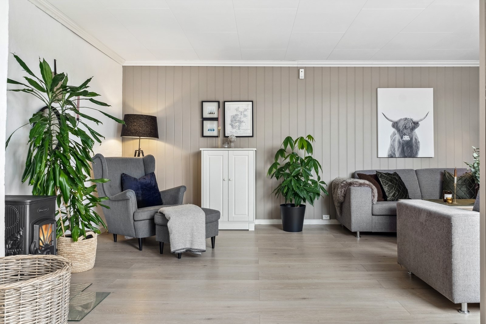 Boligen er oppmalt i delikate farger. Det er vedfyring for kostnadsbesparende oppvarming. Galleribilde