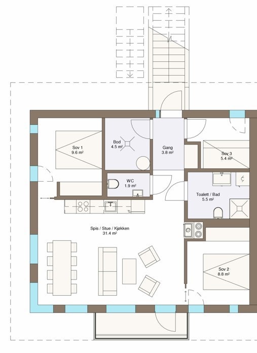 Plantegning over leiligheten på 76 kvm. Galleribilde
