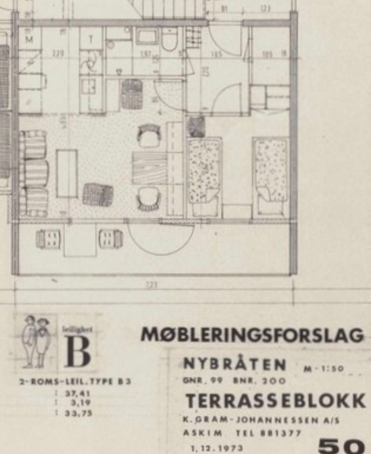 Møbleringsforslag fra arkitekten da leiligheten ble oppført. Galleribilde