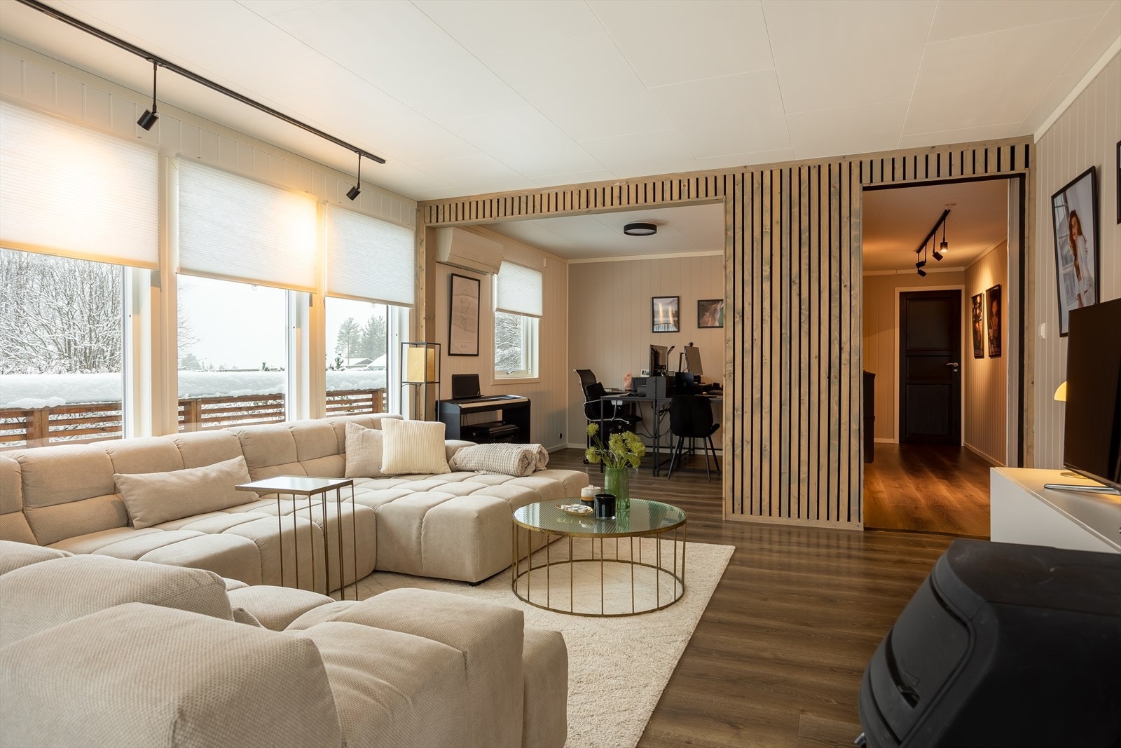 Lys og romslig stue som er malt i delikate farger. Galleribilde