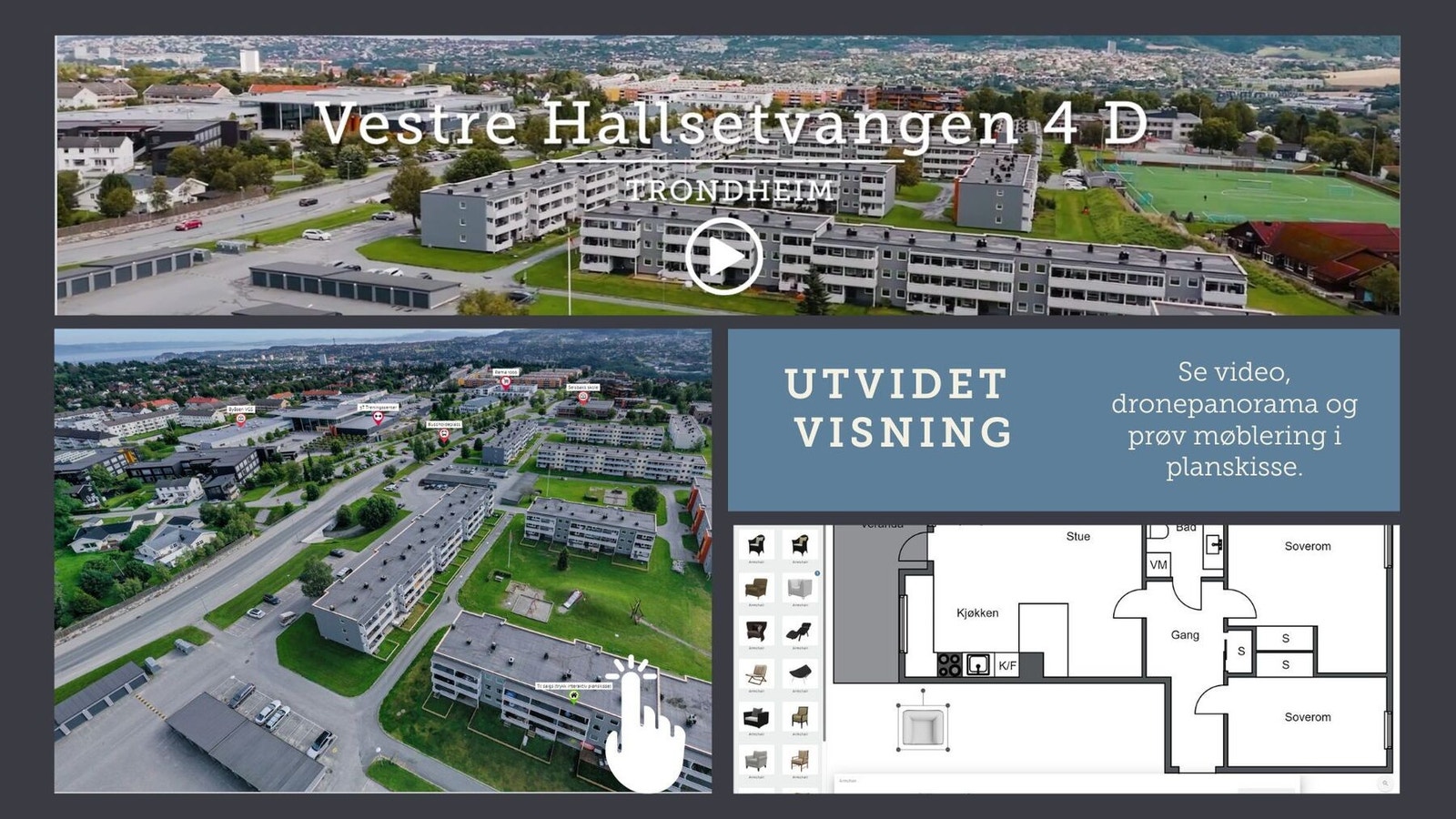 For å bli godt kjent med eiendommen og området kan du benytte både video, dronepanorama og en interaktiv planskisse som du kan "møblere" i. Galleribilde