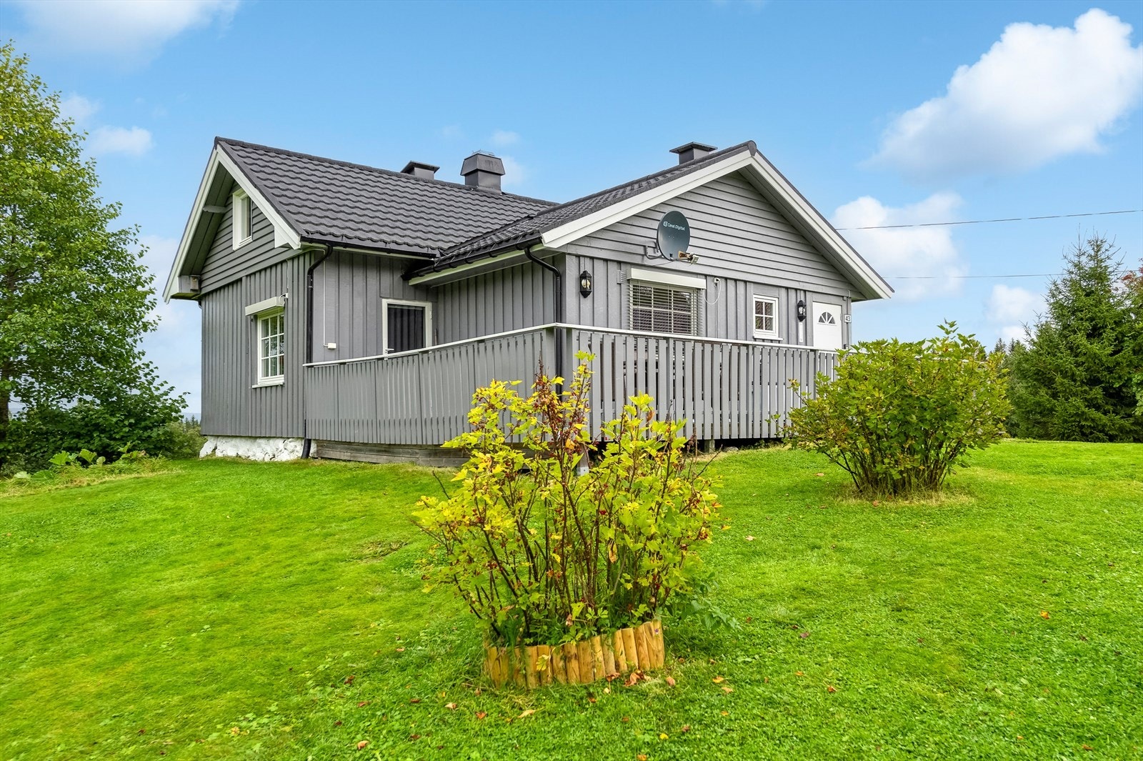 Opparbeidet med plen, beplantning og busker. Galleribilde