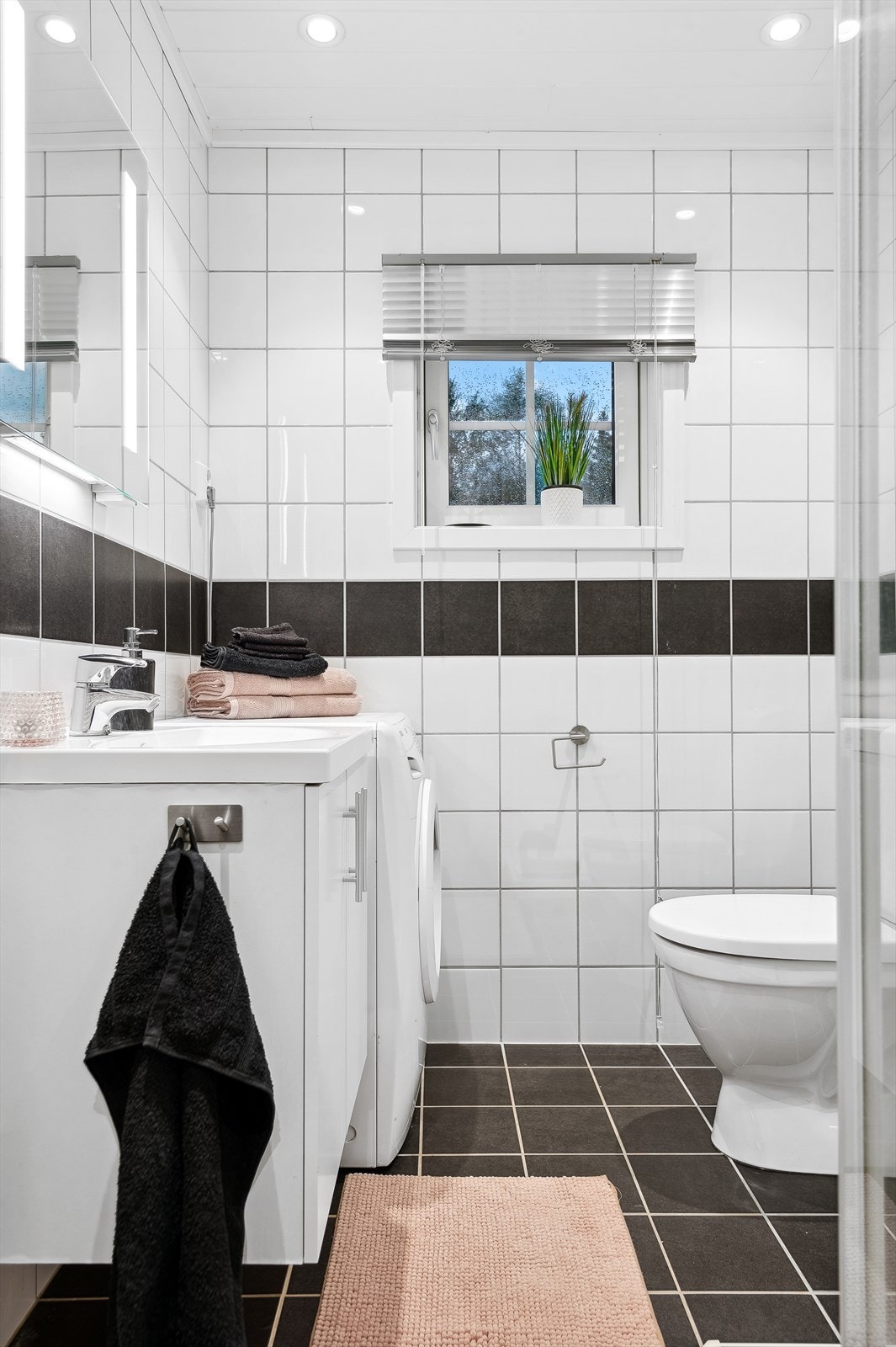 Innredet med servant med underskap, dusjkabinett, gulvmontert toalett og opplegg for vaskemaskin. Galleribilde