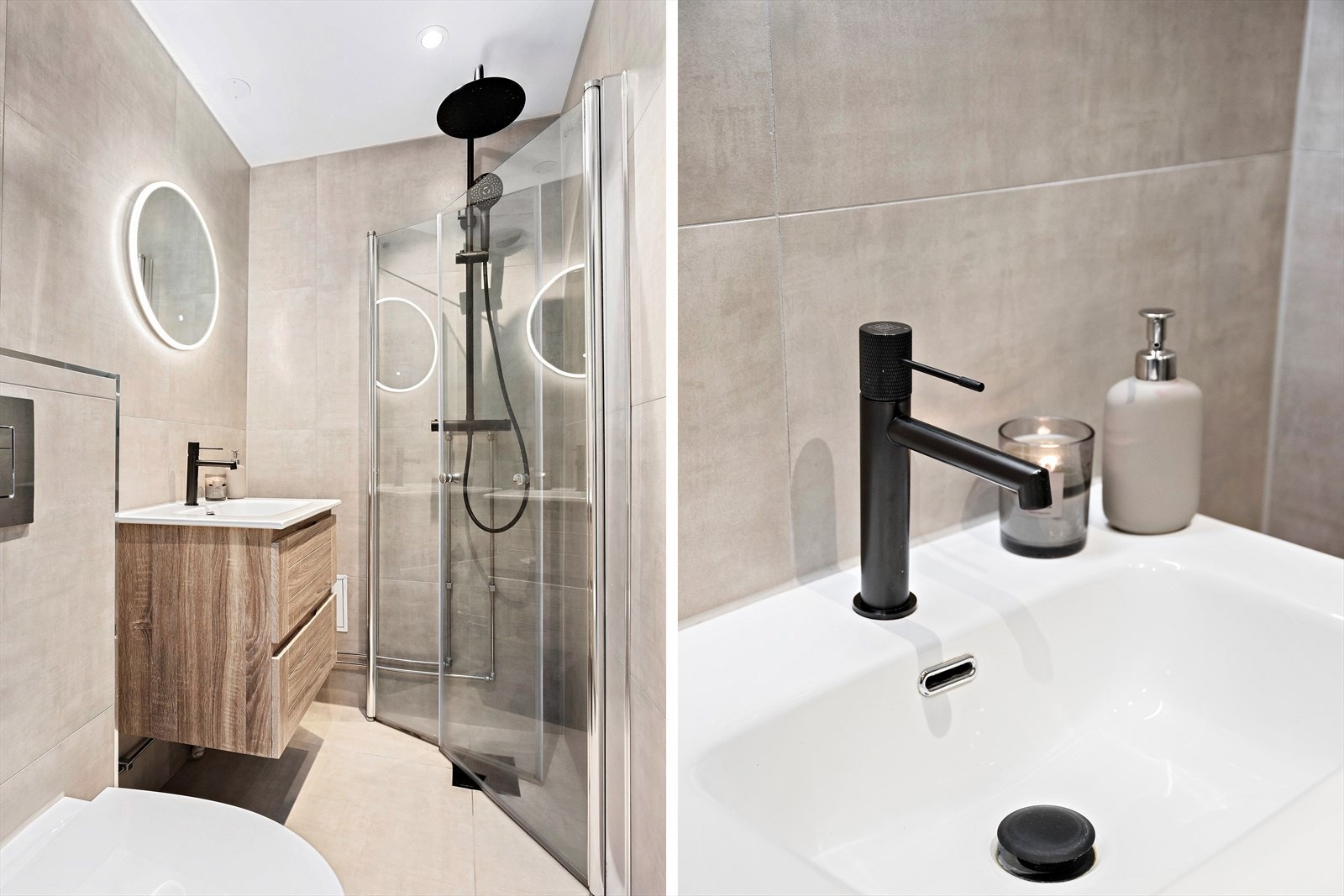 Lekkert flislagt bad med tidsriktige fliser og delikate farger Galleribilde