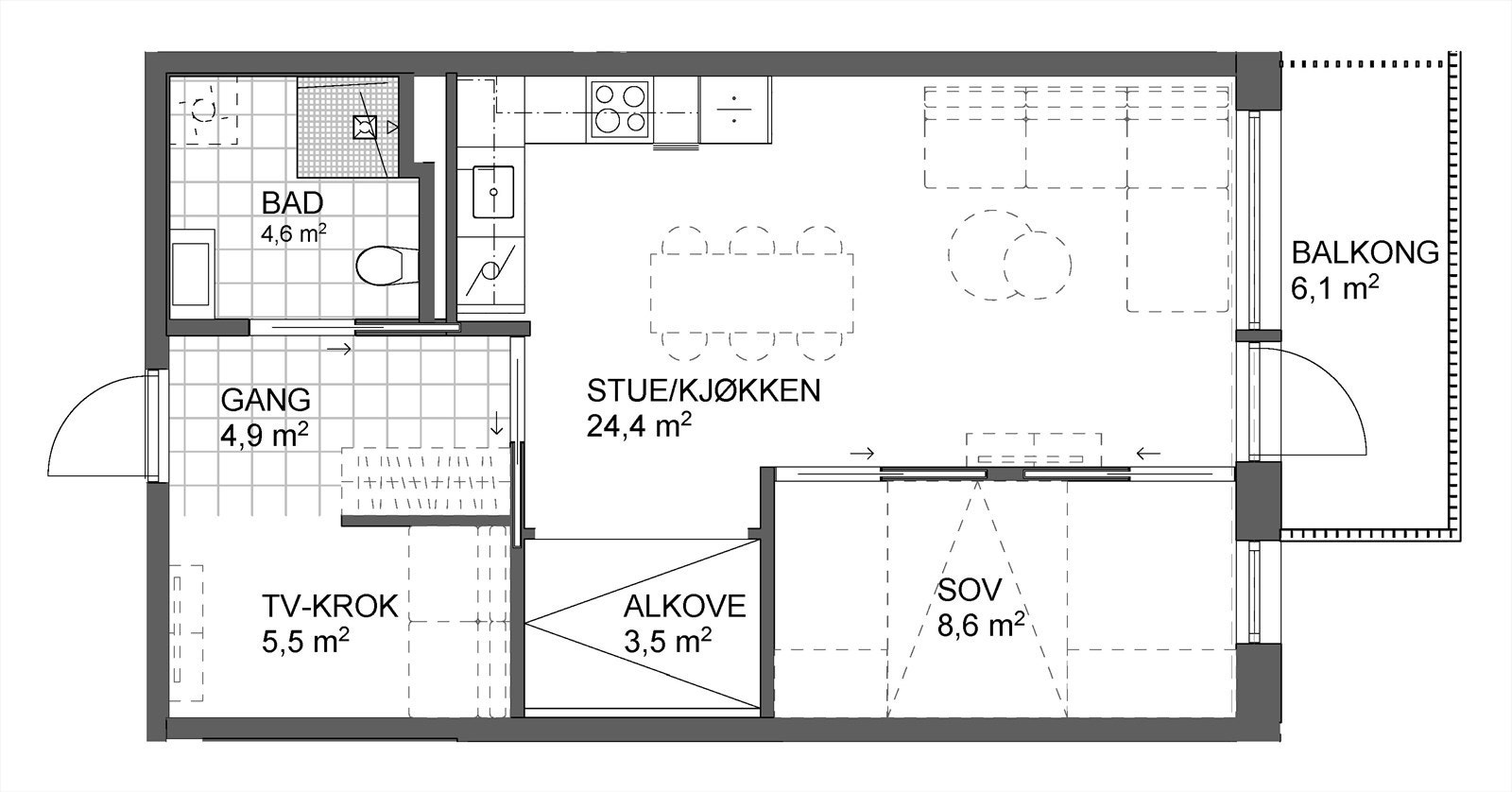 Planskisse 2-roms med sovealkove og TV-krok. Galleribilde