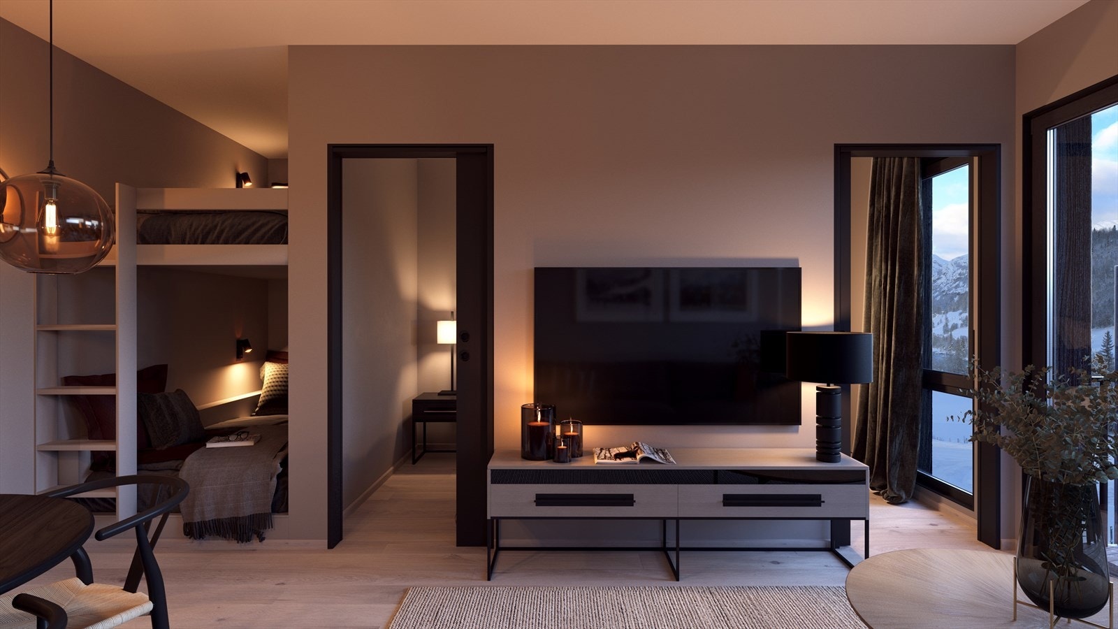 Leiligheten blir delikat innredet med praktiske løsninger og slitesterke materialer. Illustrasjon av soverom og alkoveløsning. Galleribilde