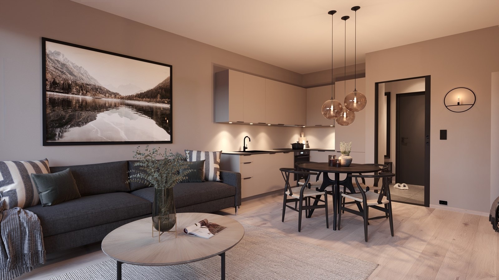 Utleieleilighetene leveres i lys og materialer som tåler bruk. Kjøkkeninnredning fra Sigdal i modellen Sand. Illustrasjon. Galleribilde