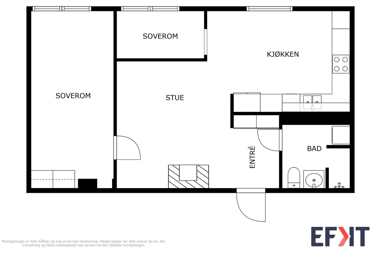 Leiligheten kan enkelt gjøres om til en 3-roms, og samtidig beholde det romslige hovedsoverommet, stuen og kjøkkenet. Galleribilde