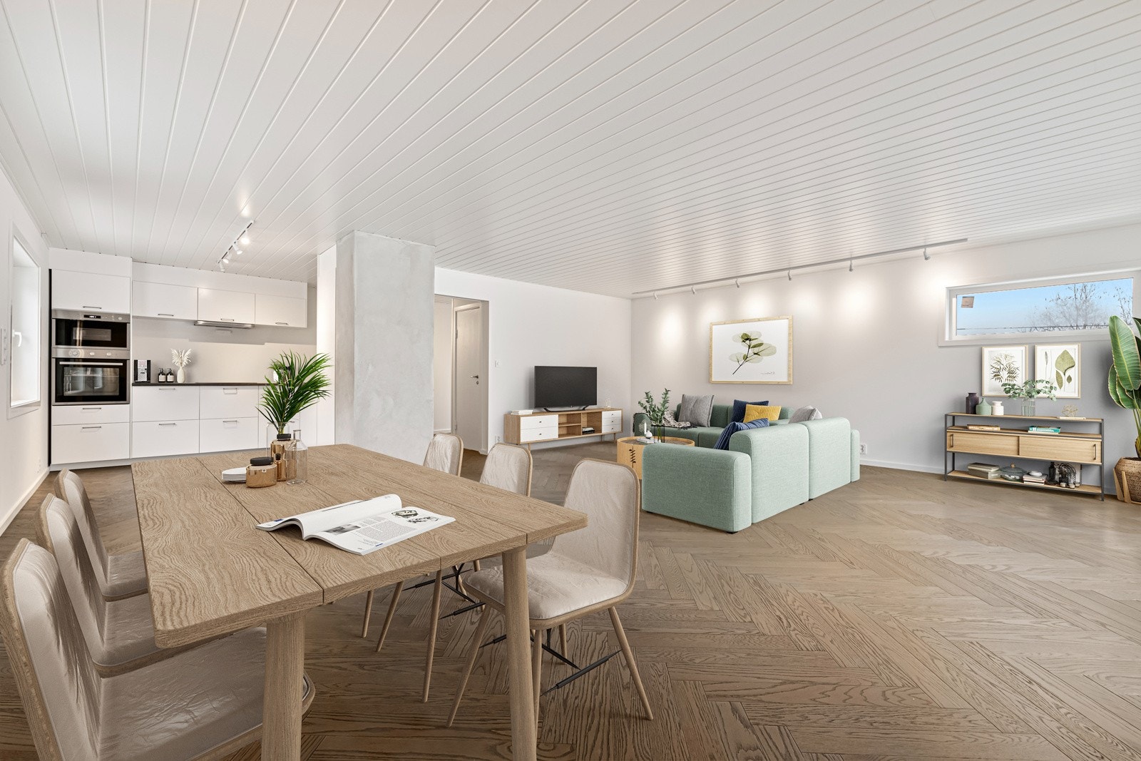 Digital styling / Stuen og kjøkkenet er åpnet opp og danner et sosialt allrom. Galleribilde