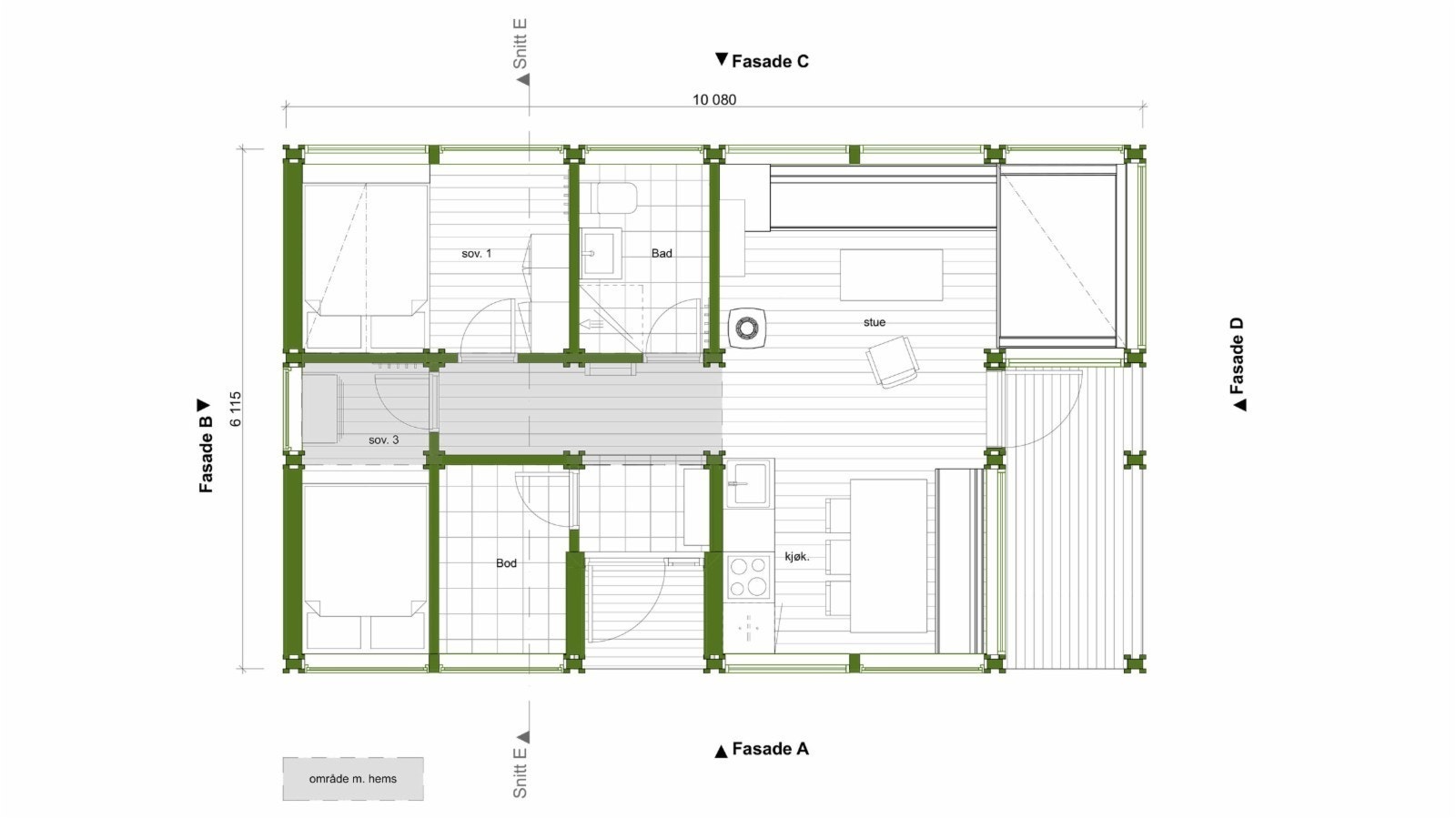 Plantegning D30. Denne er vist med 2 soverom og stor bod som kan være soverom nr 3 om det er ønskelig Galleribilde