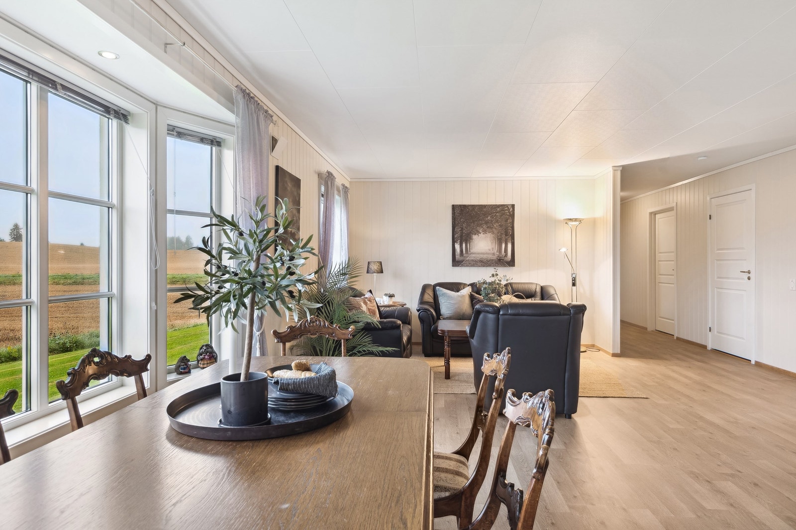 Stuen er romslig med god plass til spisestue, sofagruppe og tv-avdeling Galleribilde