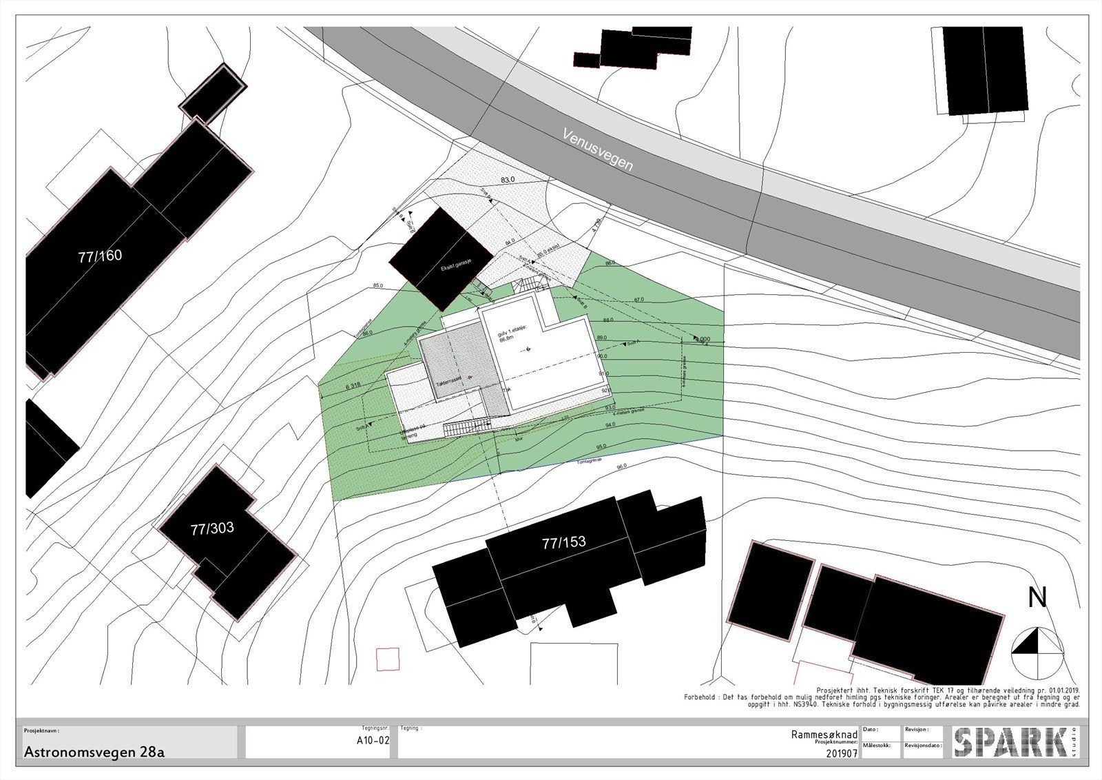 Situasjonsplan fra tidligere rammesøknad. Selger fikk godkjent en garasje på ca. 25 kvm i nedkant av tomten Galleribilde