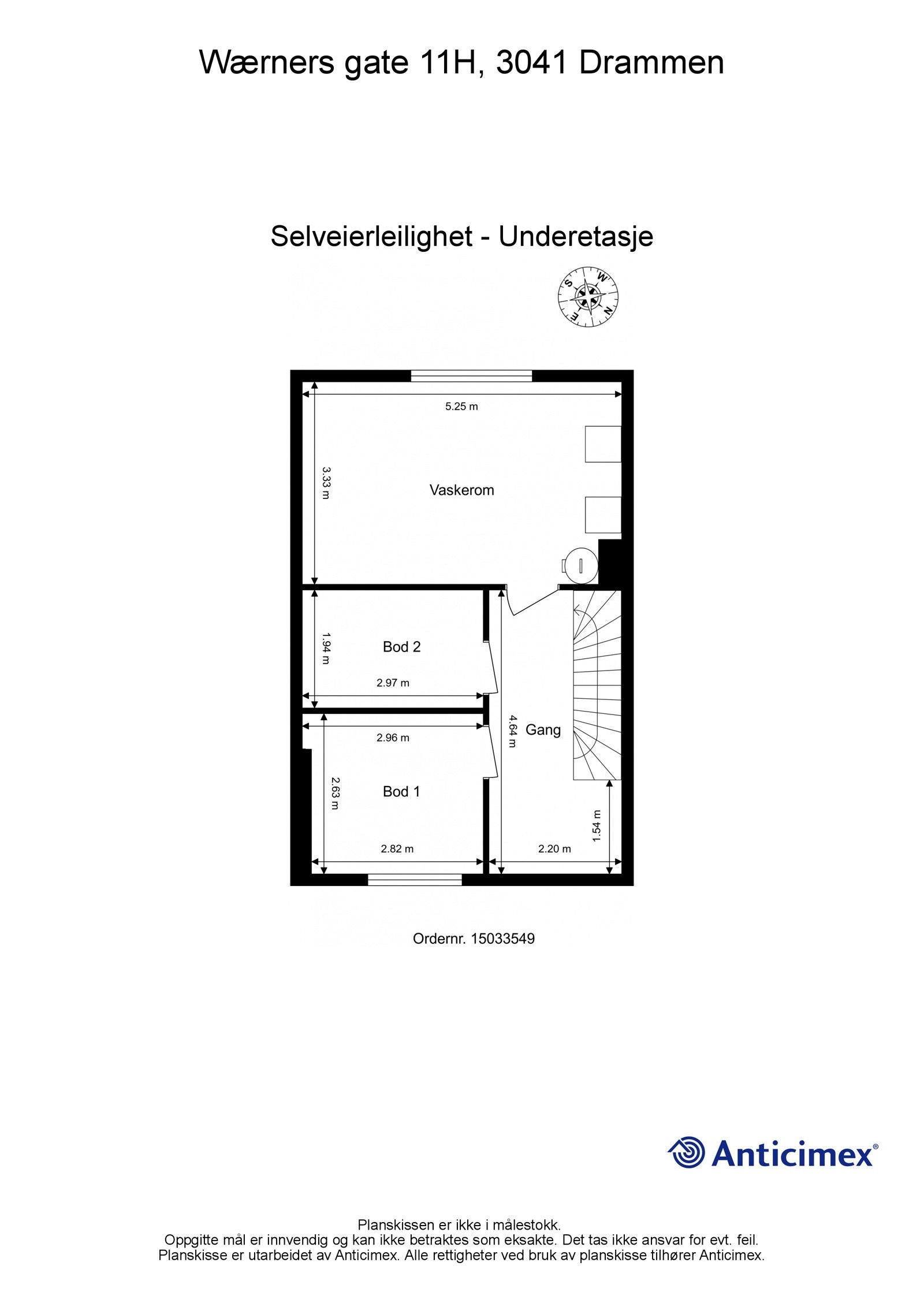 Plantegning av kjelleren som inneholder vaskerom og to store kjellerboder. Galleribilde
