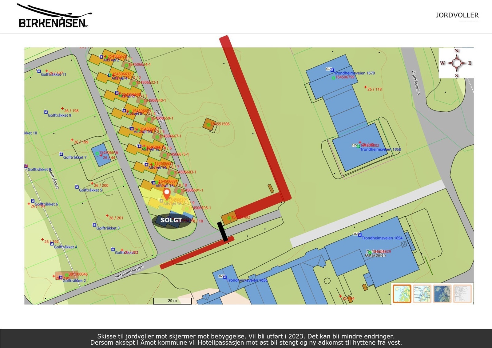 Situasjonsplanen med inntegnet jordvoll. Galleribilde