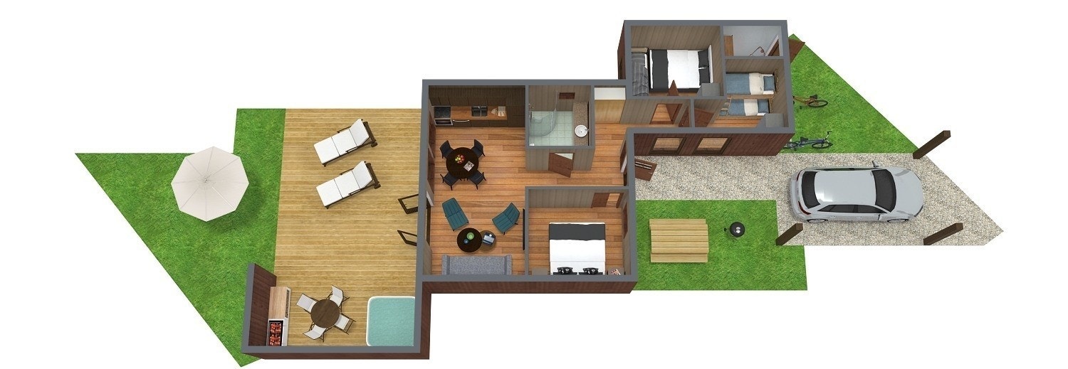 Svært praktisk planløsning med skjermede og solrike uteplasser på begge sider av hytta. Galleribilde