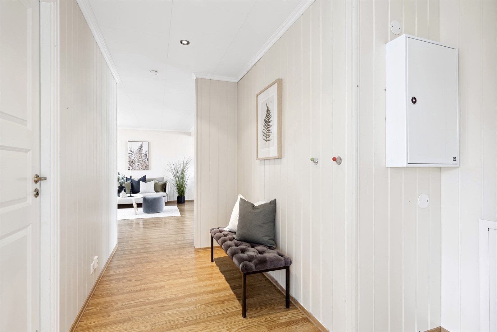 Entréen har laminatgulv og malte plater på vegger. Himlingsplater med innfelte downlights. Galleribilde