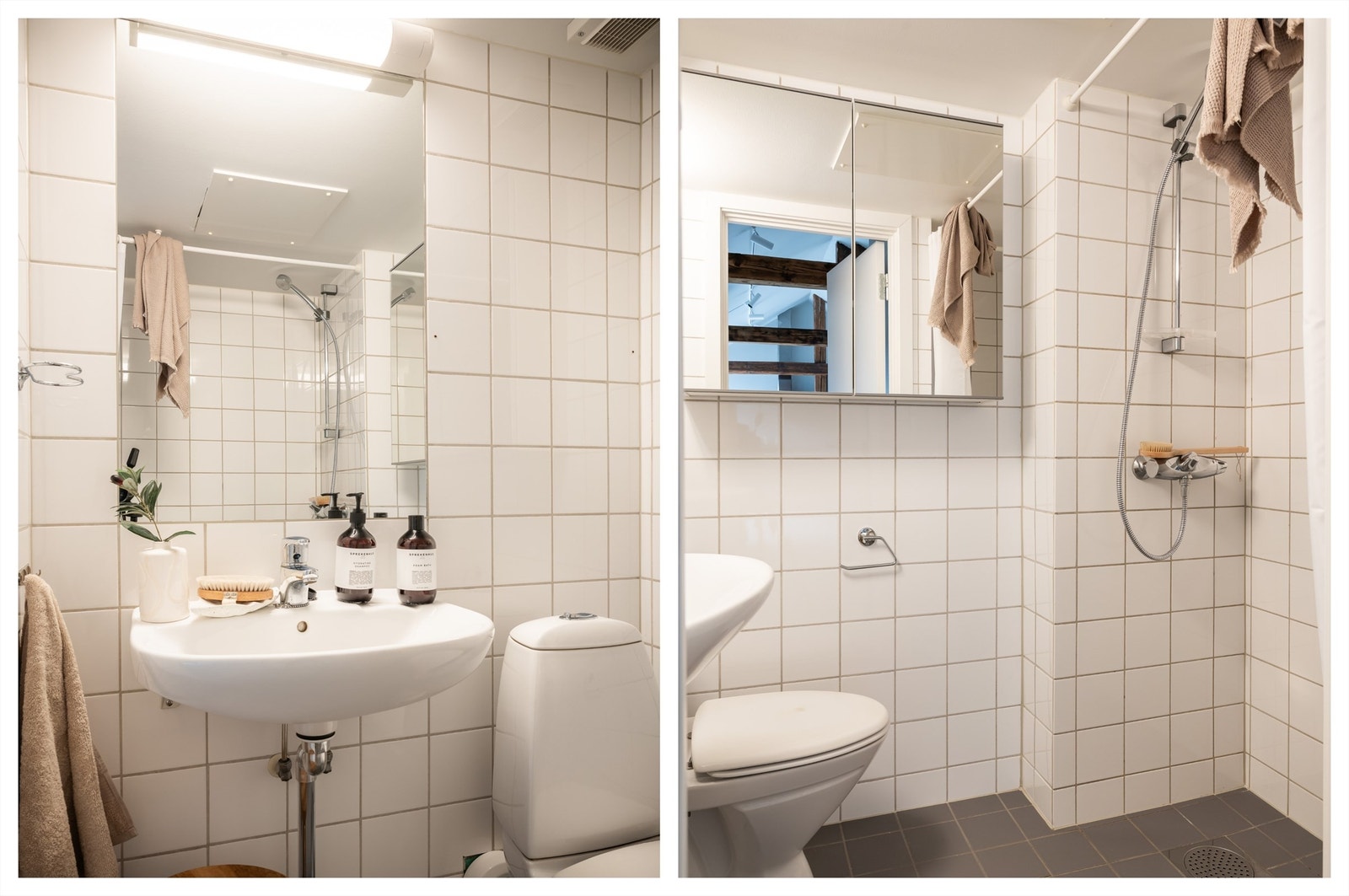 Det er varmekabler i gulv. Det ble nye soil og vannrør (2003), i forbindelse med renovering av badet. Galleribilde