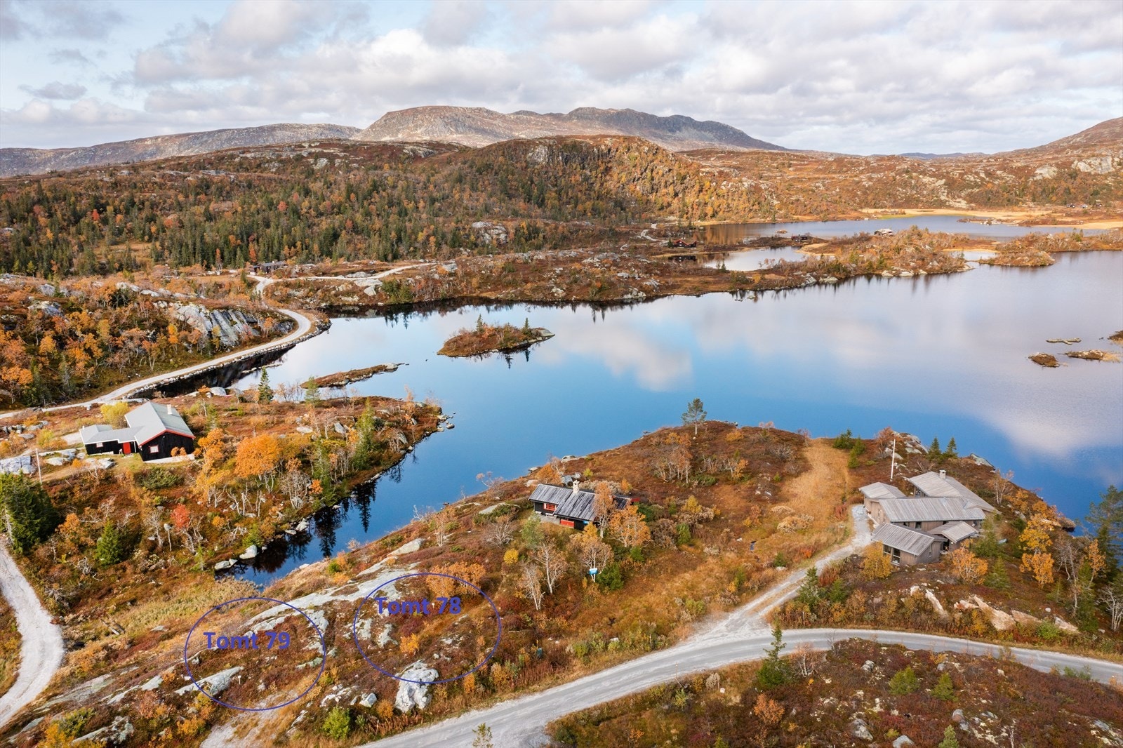 Tomtene 78 og 79 ligger her - syd for tjennet (sirklene er ikke tomtegrensene) Galleribilde