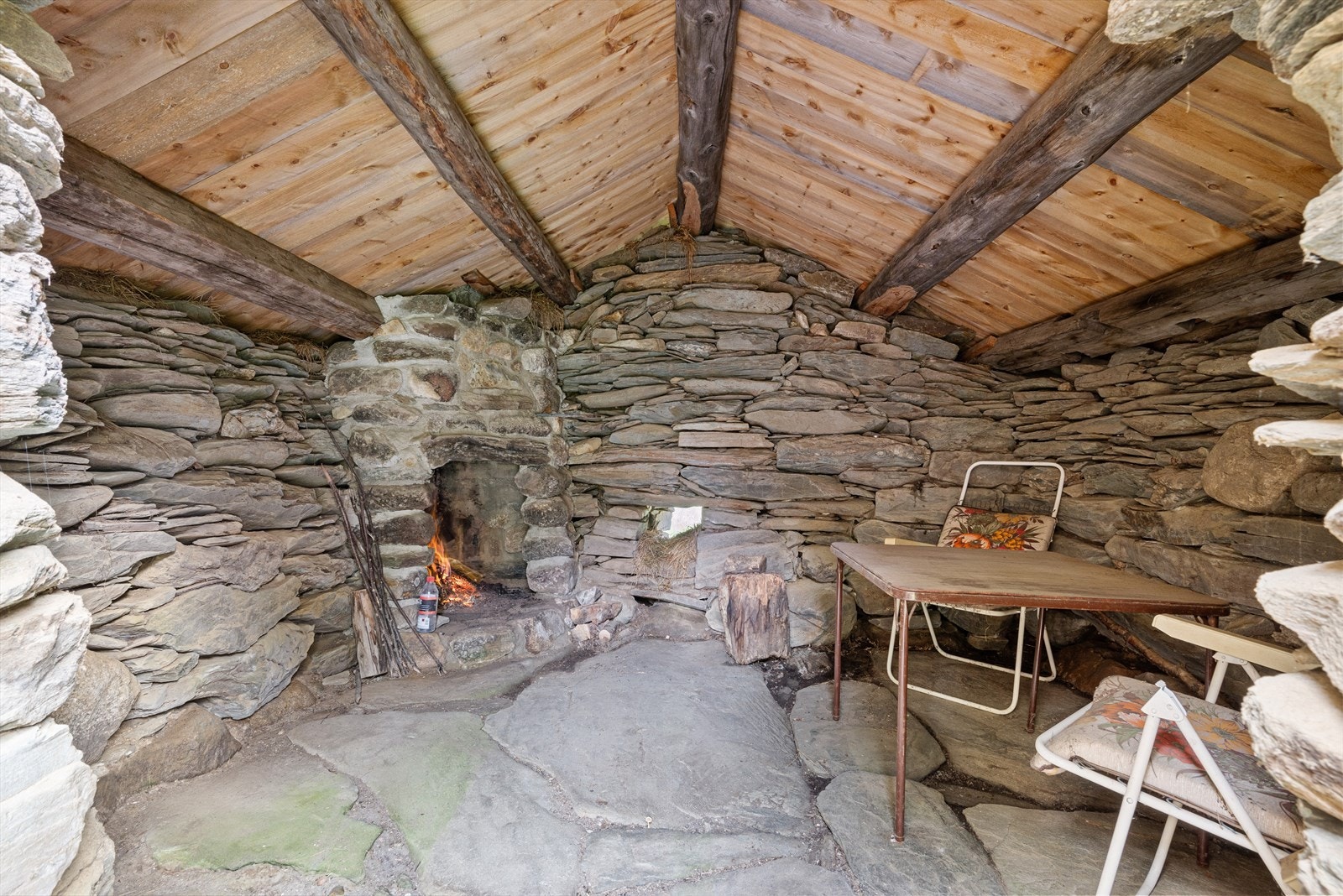 Innvendig i stenfjøset. Fint å rusle seg en tur hit for å fyre opp i peisen og nyte en god kopp kaffe. Galleribilde