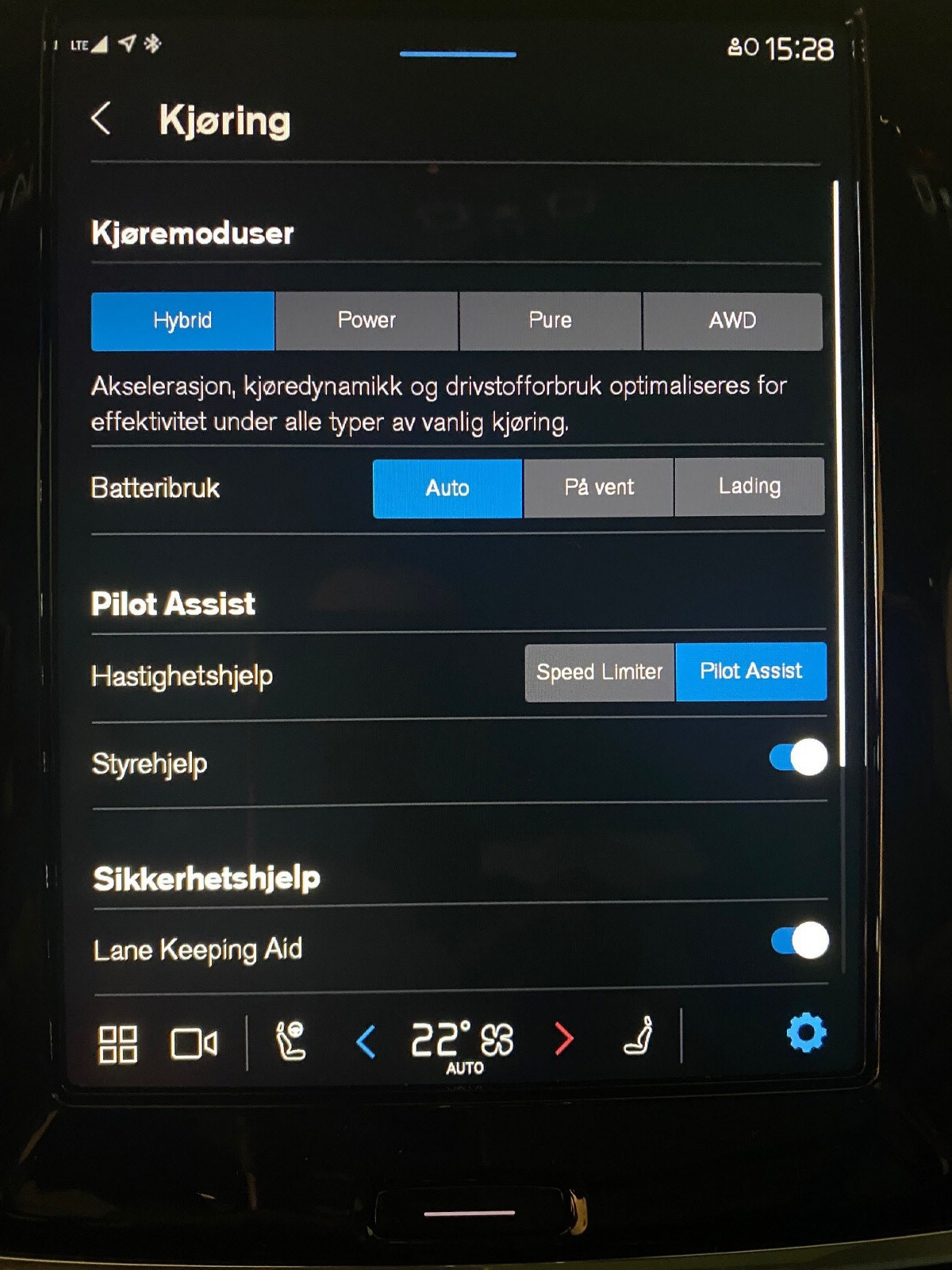 Meny for valg av blant annet kjøremoduser