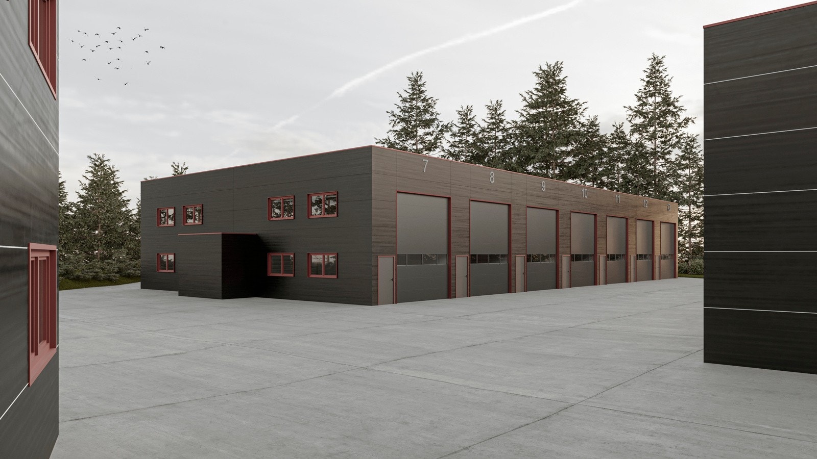 Bygg 2 sett fra syd, endeseksjonene har vinduer både oppe og nede som sikrer godt dagslys Galleribilde