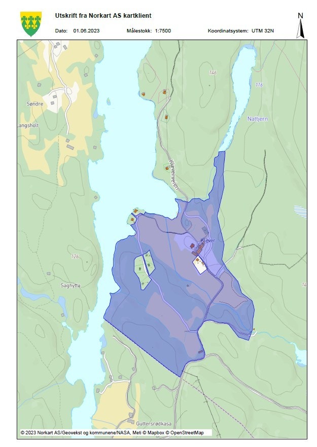 Tomtegrenser for Klever Gård (Blått område tilhører gården) Galleribilde
