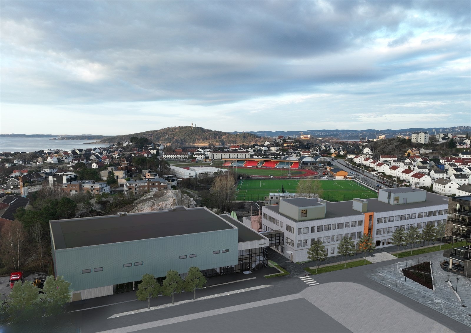 Illustrasjon av WIlds Minne skole og flerbrukshall. I bygget til venstre er det ledige lokaler på gateplan Galleribilde