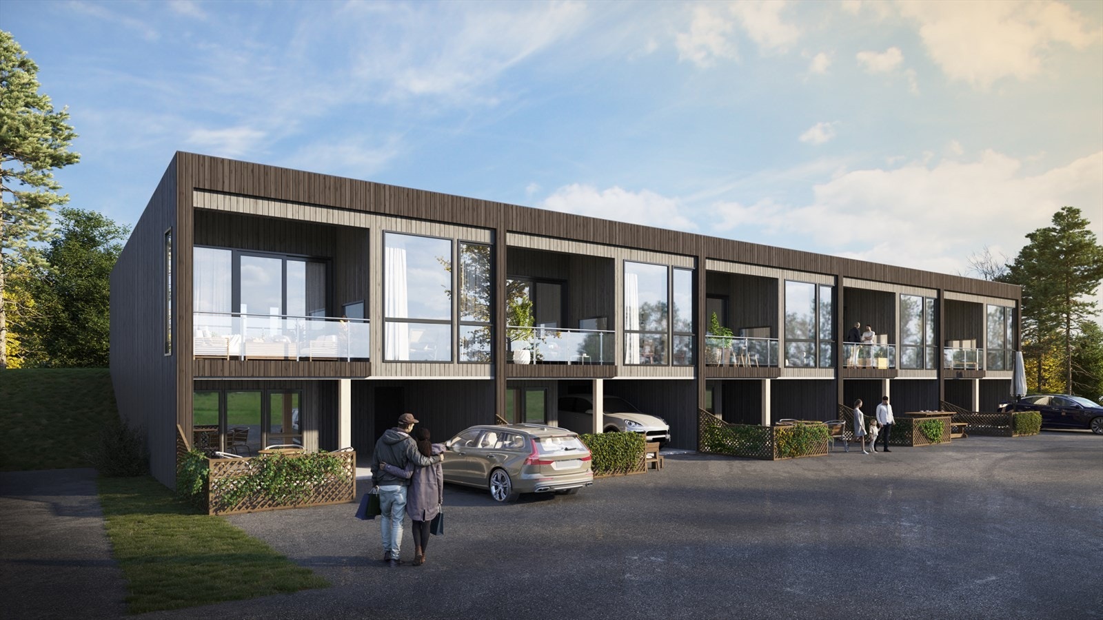 Boligene blir oppført i et tilbaketrukket område uten gjennomgangstrafikk. Asfaltert innkjørsel og brosteinsbelagt carport. Illustrasjonsbilder bra byggetrin 1, Avvik kan forekomme. Galleribilde
