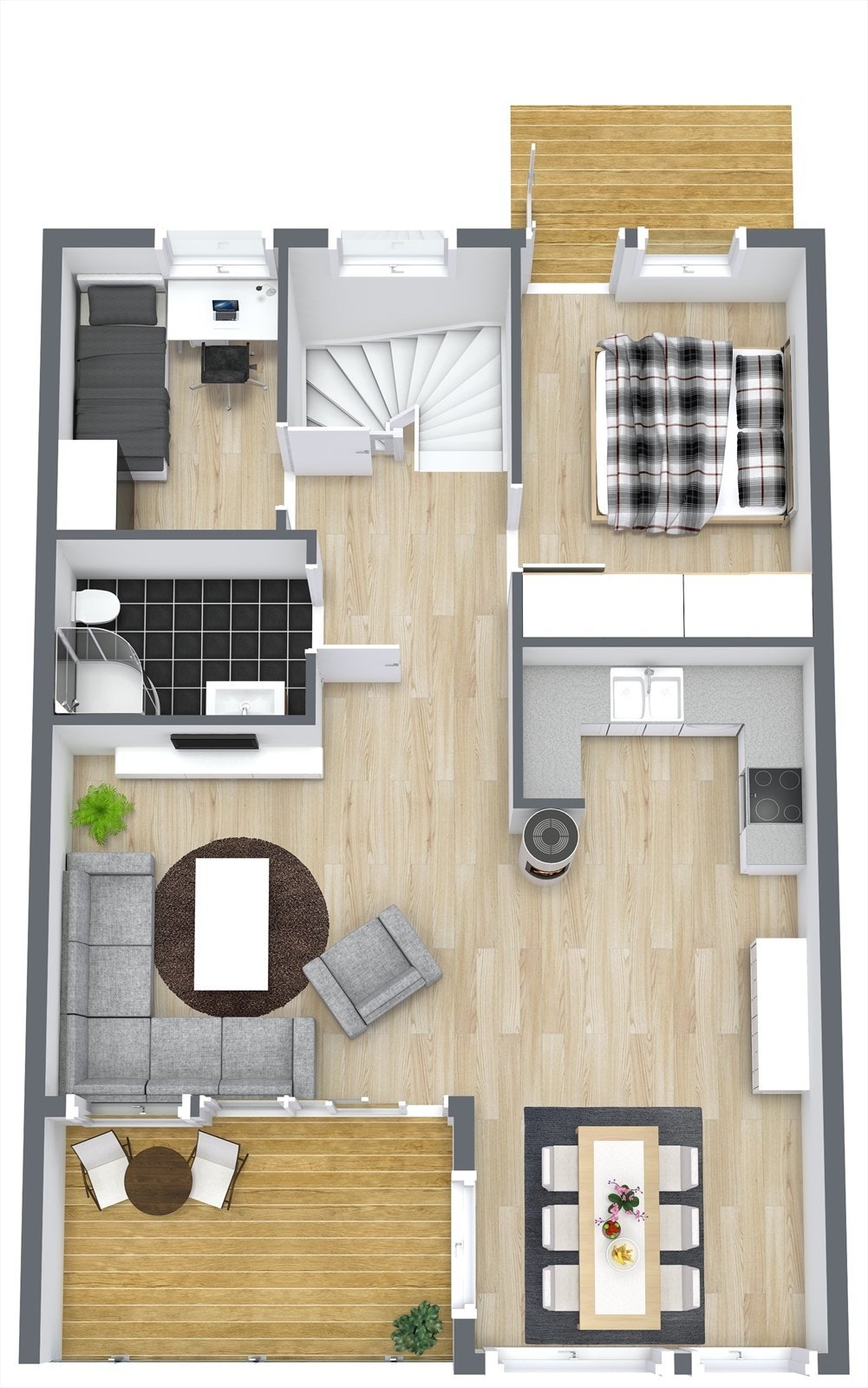 2. etg: 2 soverom, gang, bad, stue med åpent kjøkken og balkong. Galleribilde