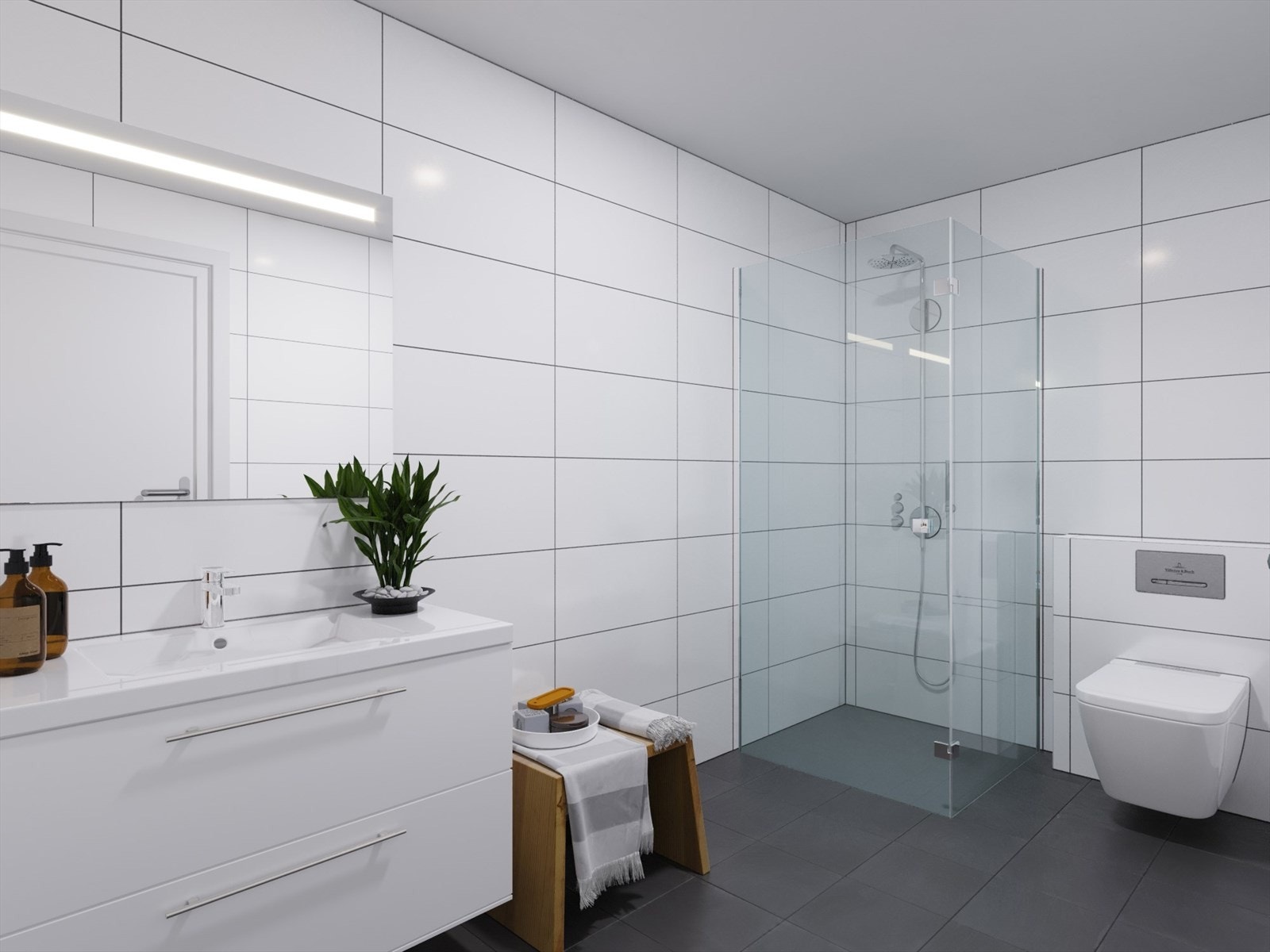 Boligene har 2 bad og et vaskerom/teknisk rom. Varmekabler i vindfang, gang, bad og allrom (stue/soverom) i underetasje og bad hovedetasje. Mulighet for badekar som tilvalg i 1. etg Galleribilde