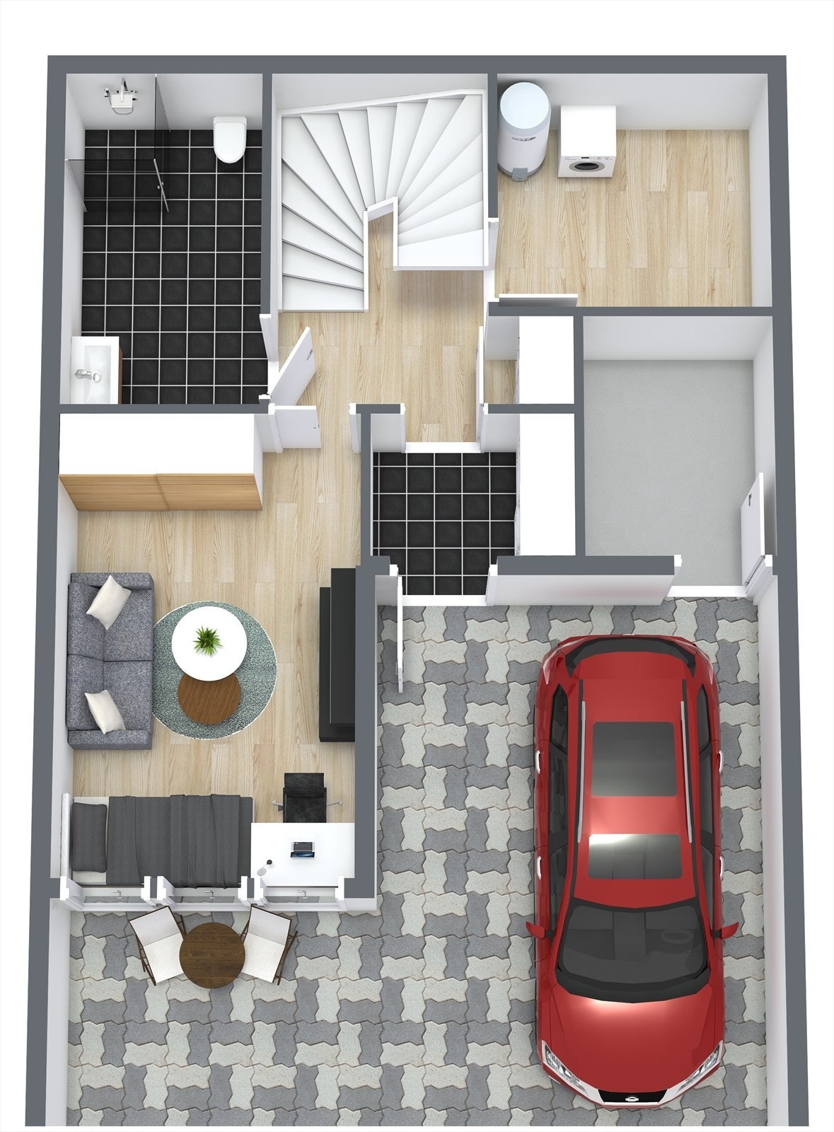 1. etg inneholder: Carport med tilknyttet sportsbod. Overbygget inngangsparti.
Vindfang, hall, soverom/stue, bad og vask/bod/teknisk rom. Galleribilde