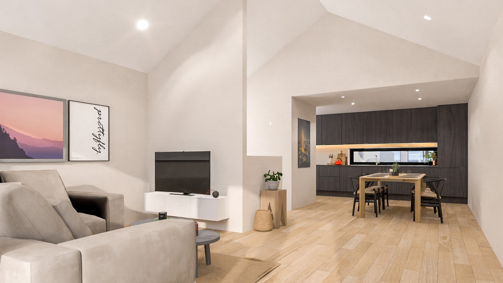 Illustrasjon interiør: Stue/Kjøkken bolig 1-4 med planløsning 2-3 soverom
