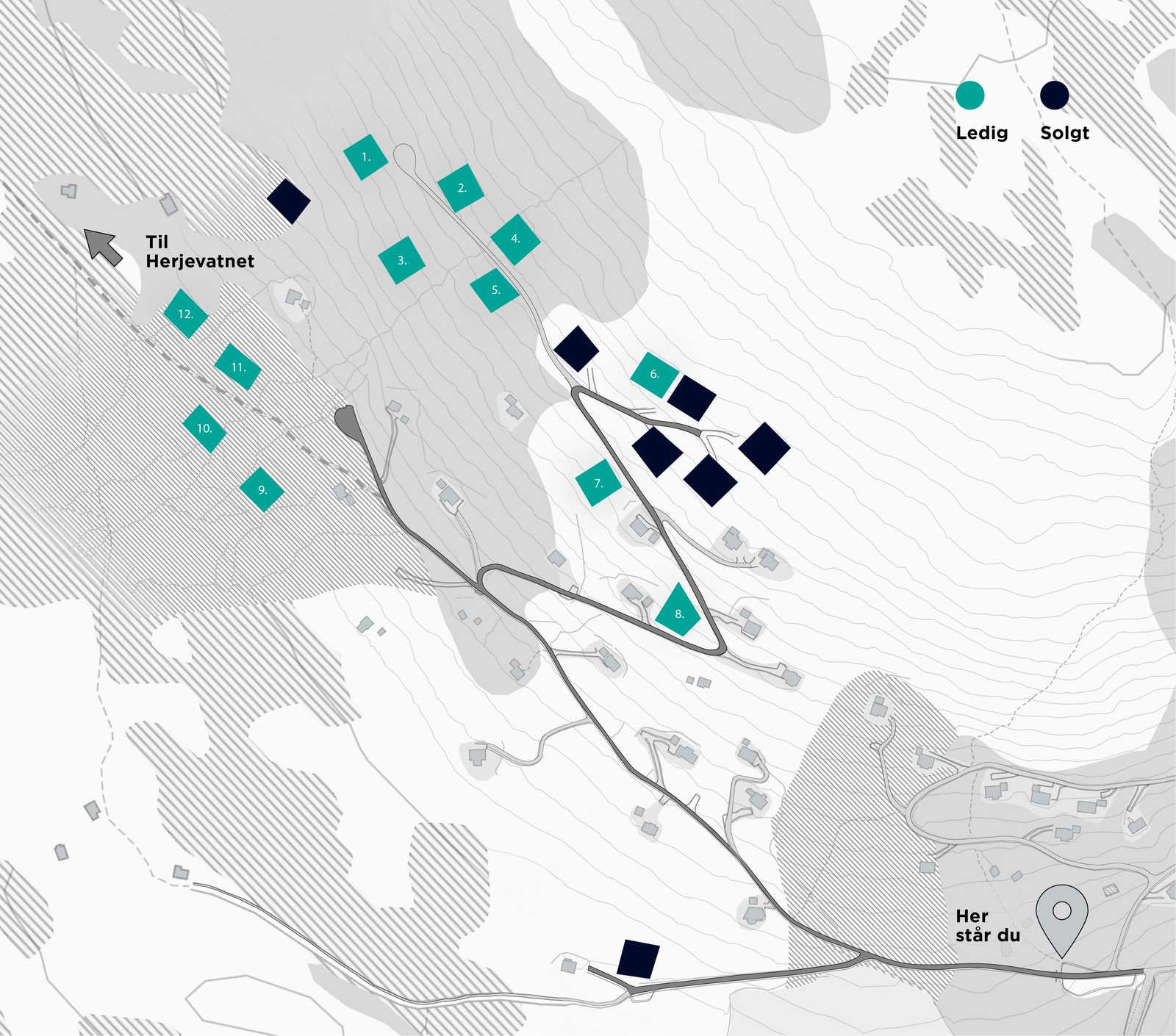 Kart over hyttefelt. Plassering viser at du står ved parkeringsplass på Nysetra. Galleribilde