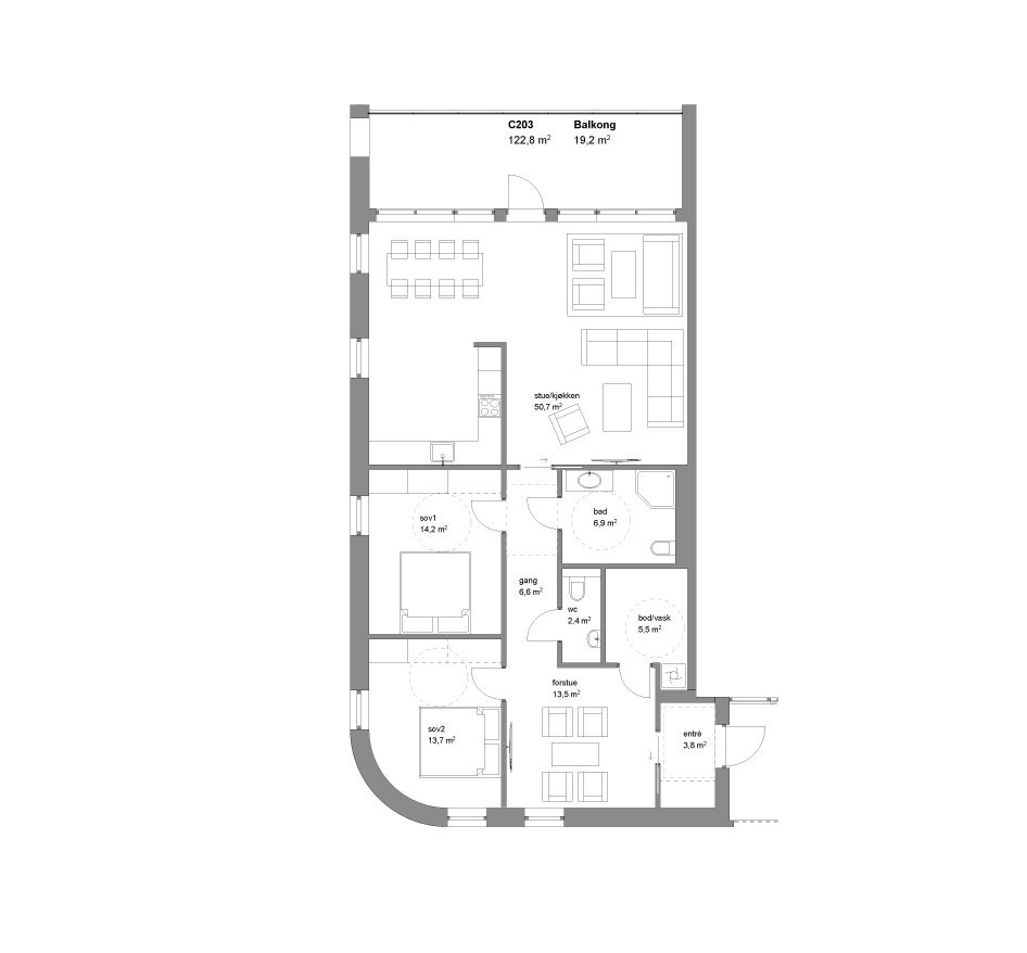 Plantegning C203 - arealene er kun omtrentlige, avvik kan forekomme. Galleribilde