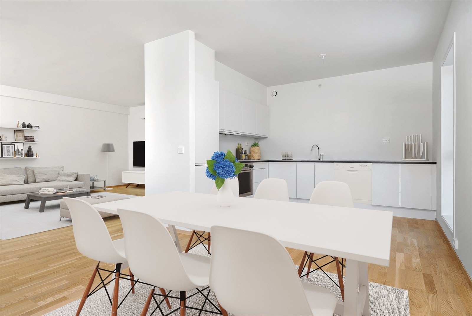 Kjøkken og spisebord med digital styling. Galleribilde