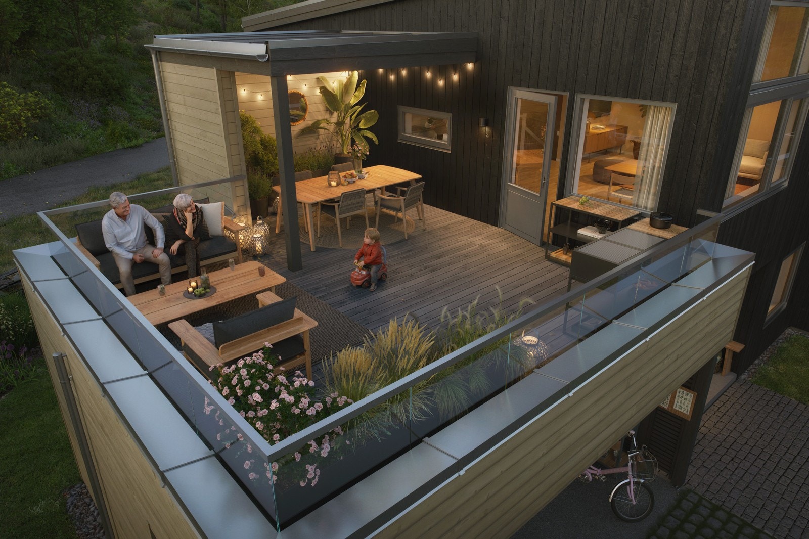 Illustrasjon: romslig terrasse med dobbelt carport under Galleribilde