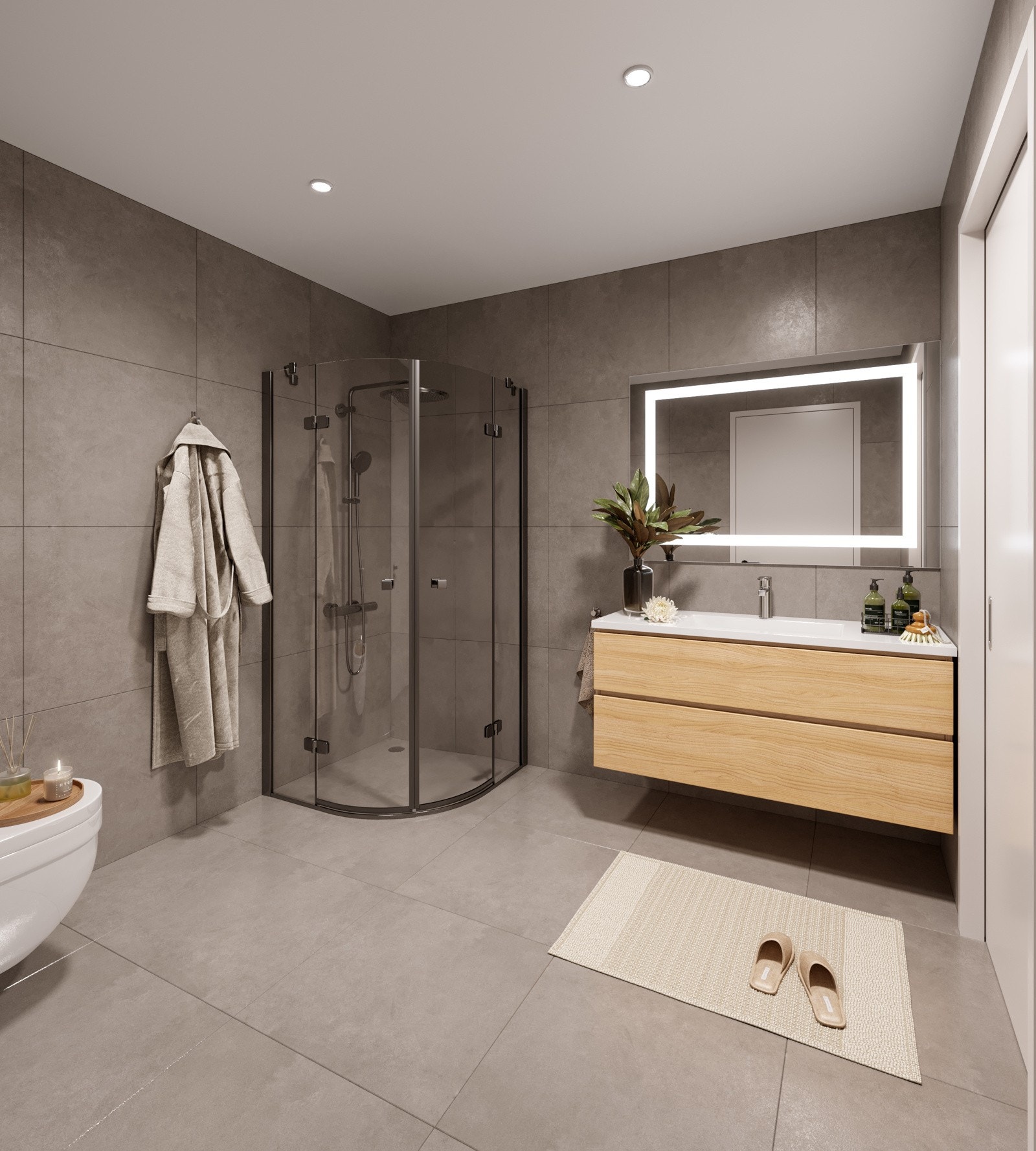 Flislagte bad med stilfulle og moderne 60x60 flis og innredning fra Aubo. Illustrasjonsbilde viser hvordan standard blir på bad i alle rekkehus. Galleribilde