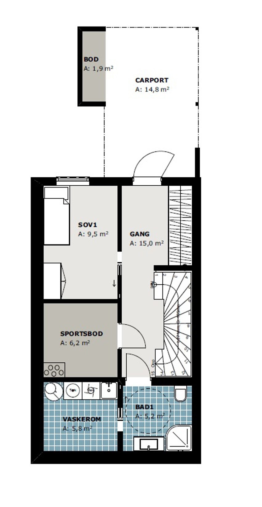 Planløsning rekkehustype 1 med inngang via carport i sokkeletasje. Galleribilde