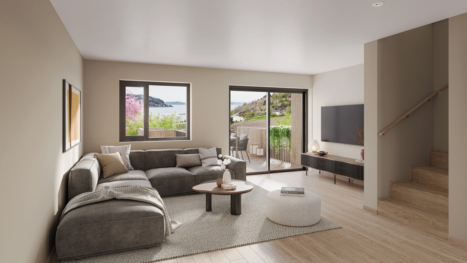 Rekkehustype 1 vil være på hele 135-140 kvm med 4 soverom. Flere av rekkehusene får utsikt. Og fremste rekke får nydelig utsikt mot fjorden. Illustrasjonbilde fra stue i fremste rekke (rekkehustype 1). Galleribilde