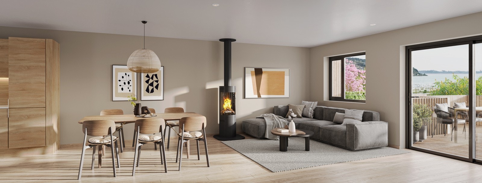 Boligene vil få en gjennomført og god standardleveranse i moderne stil. Illustrasjonbilde fra stue i fremste rekke (rekkehustype 1). Galleribilde